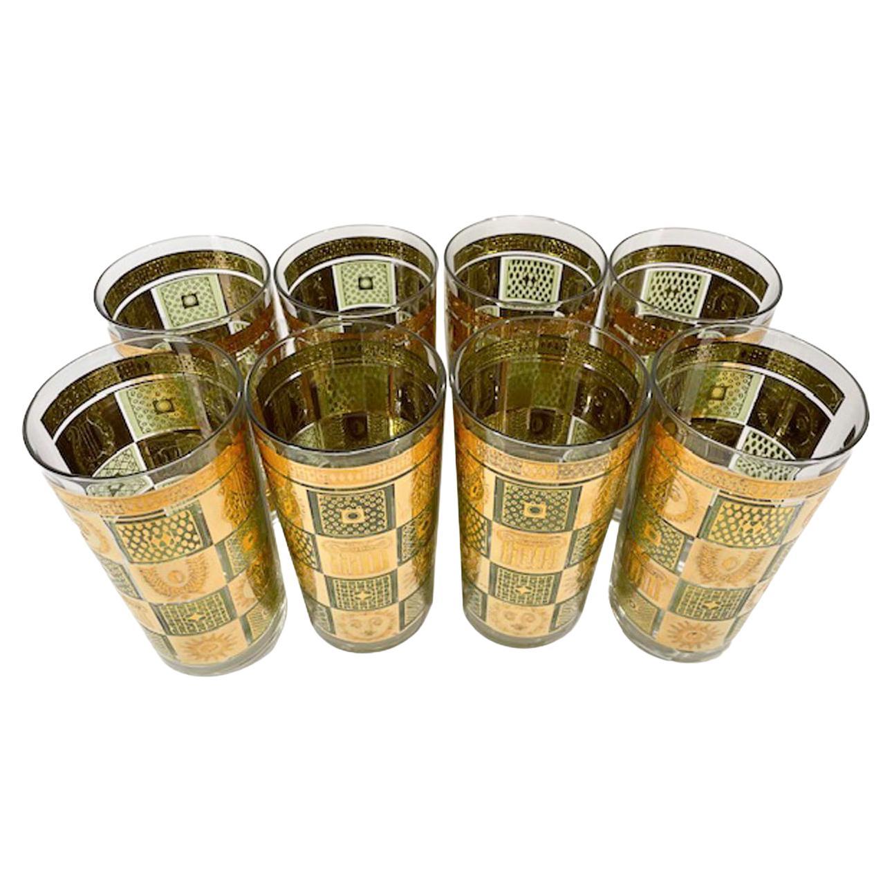 8 Georges Briard Golden Celeste Highball Glasses in Green Enamel and 22k Gold For Sale
