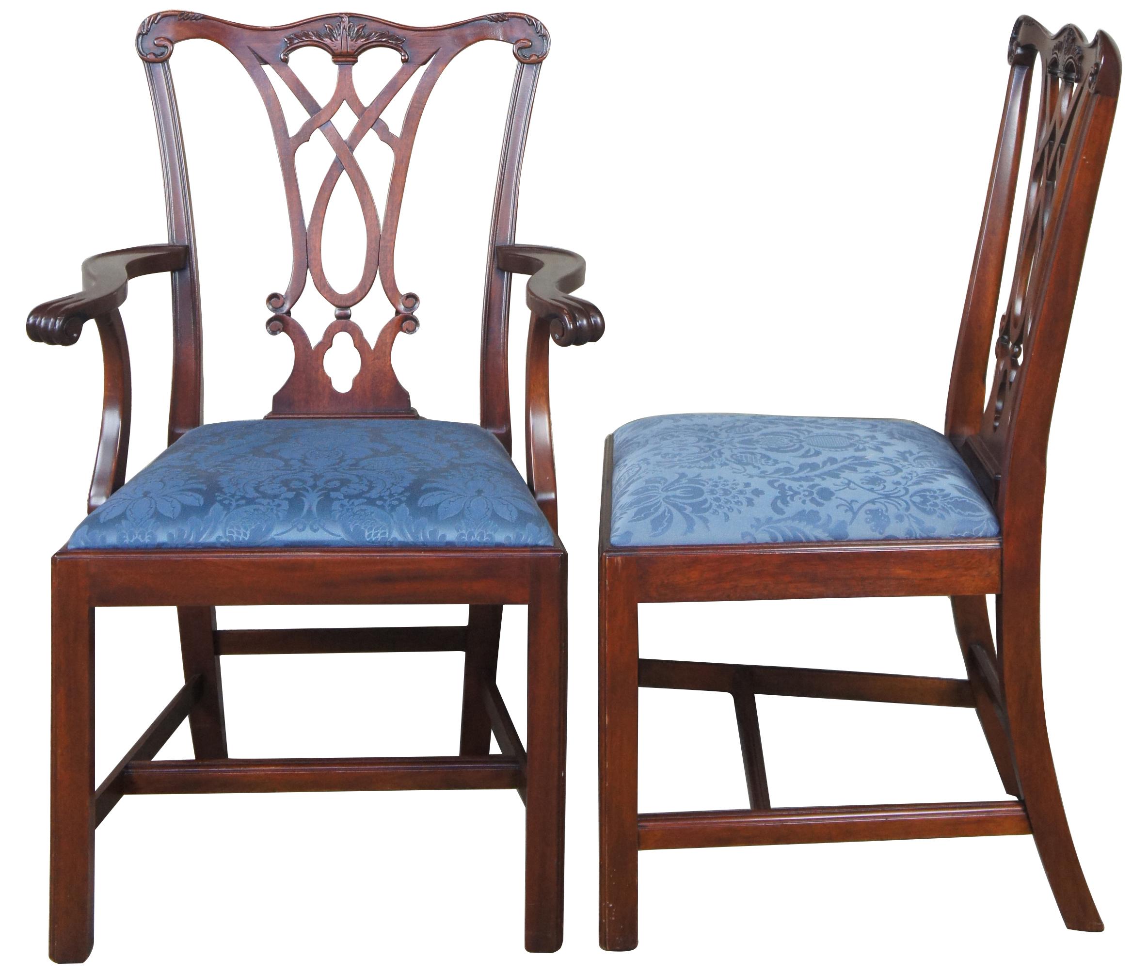 8 Henkel Harris genuine mahogany carved Chippendale dining chairs

Carved crest rail and carved pierced interlaced back splat. Slightly in curved double beaded shaped back post.
Product number: 107S/A
Dimensions: W 22, D 22, H 39 28 lbs
Wood