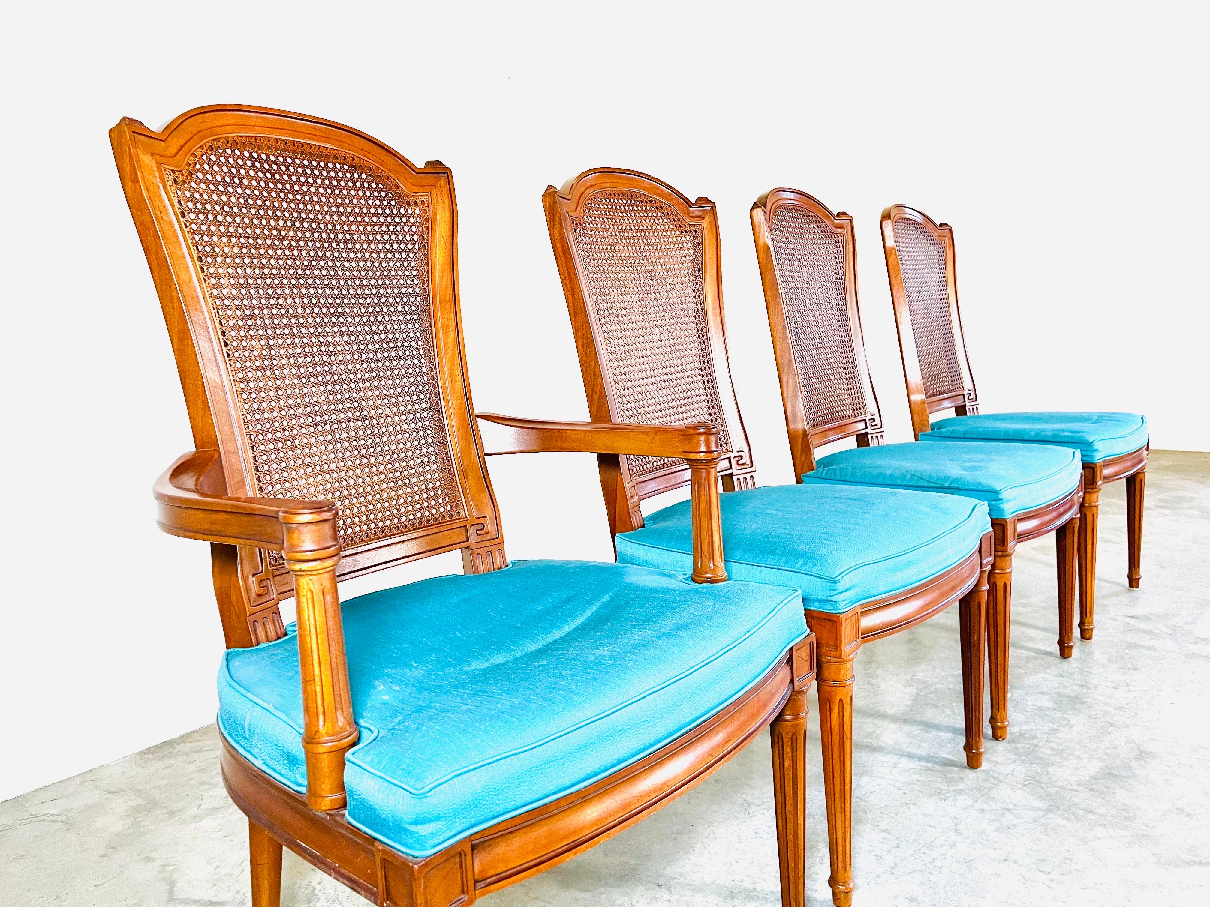 Late 20th Century 8 Henredon Louis XVI Style Cane Back Dining Chairs in Carved Walnut