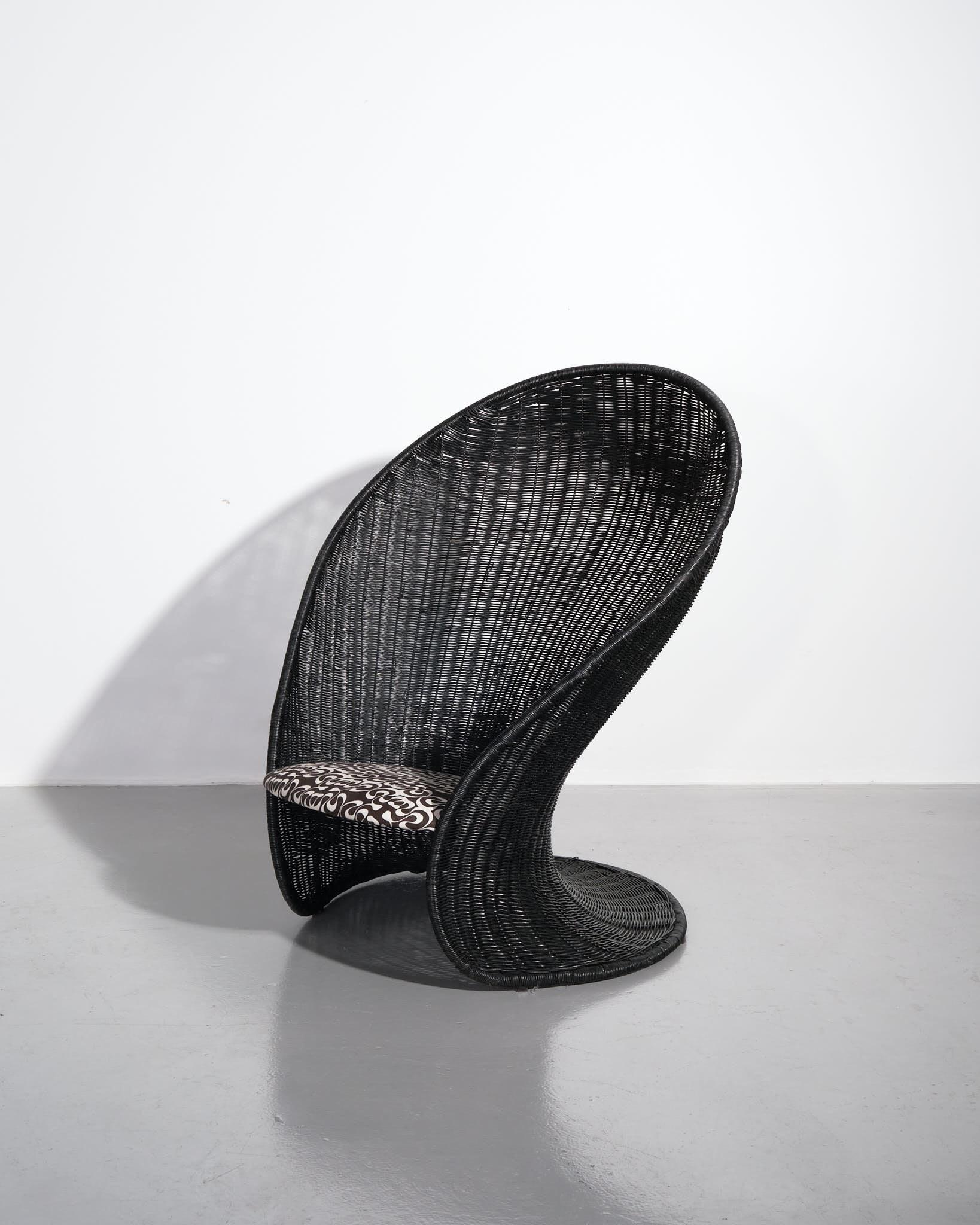 c.1960s
Steel, painted woven rattan, and Upholstered in Desmond & Dempsey Marque Fabric cushion
H100 x W90 x D80 cm
Seat Height 34cm