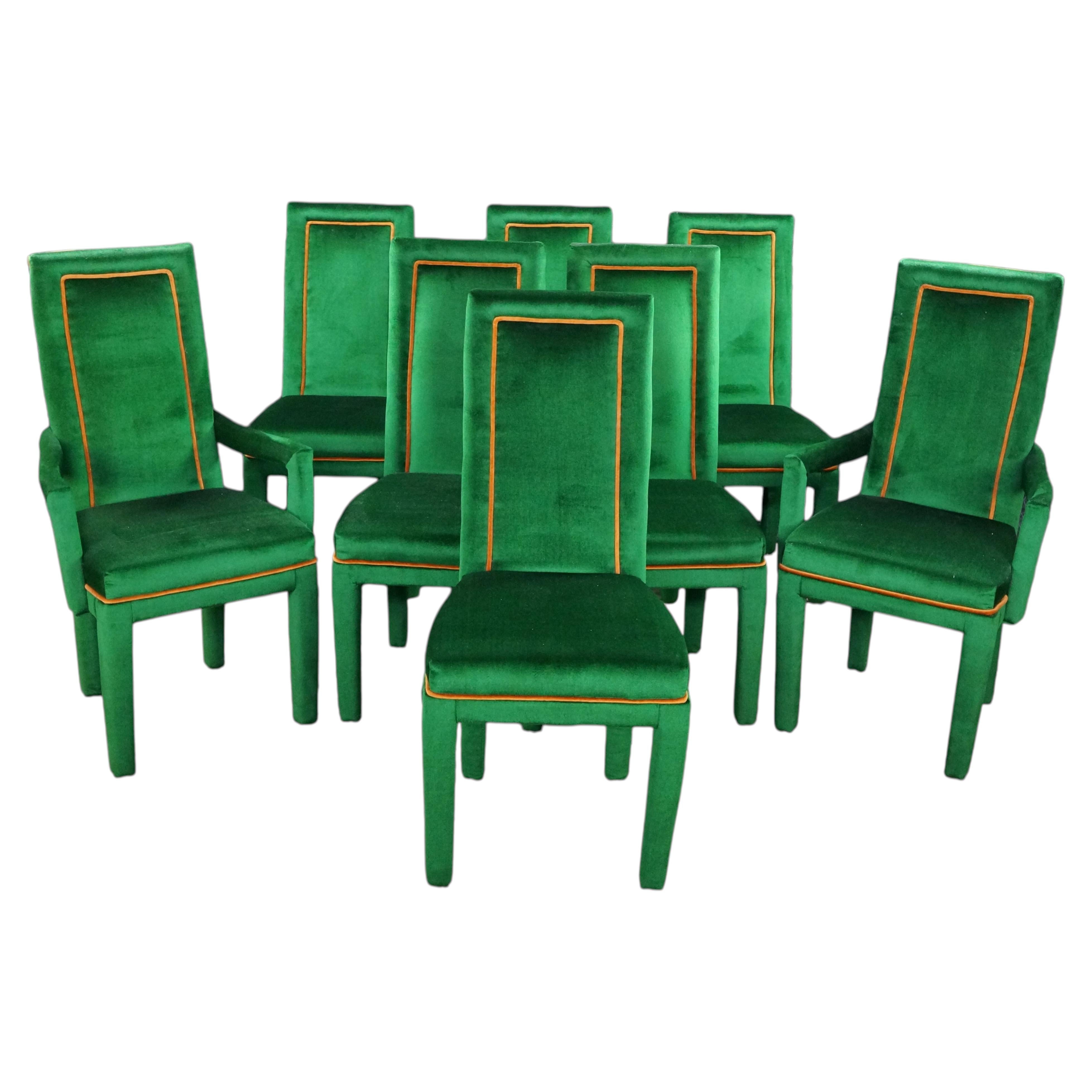 8 Hollywood Regency Green Velvet Parsons Style Dining Chairs After Milo Baughman For Sale