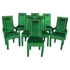 8 Hollywood Regency Green Velvet Parsons Style Dining Chairs After Milo Baughman