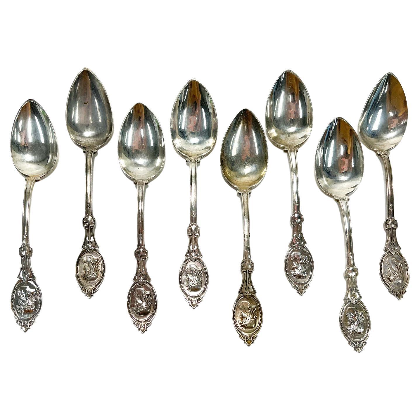 8 Hotchkiss & Schreuder Sterling Silver Medallion Grapefruit Spoons, Late 19th C