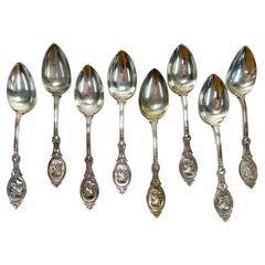 Antique 8 Hotchkiss & Schreuder Sterling Silver Medallion Grapefruit Spoons, Late 19th C