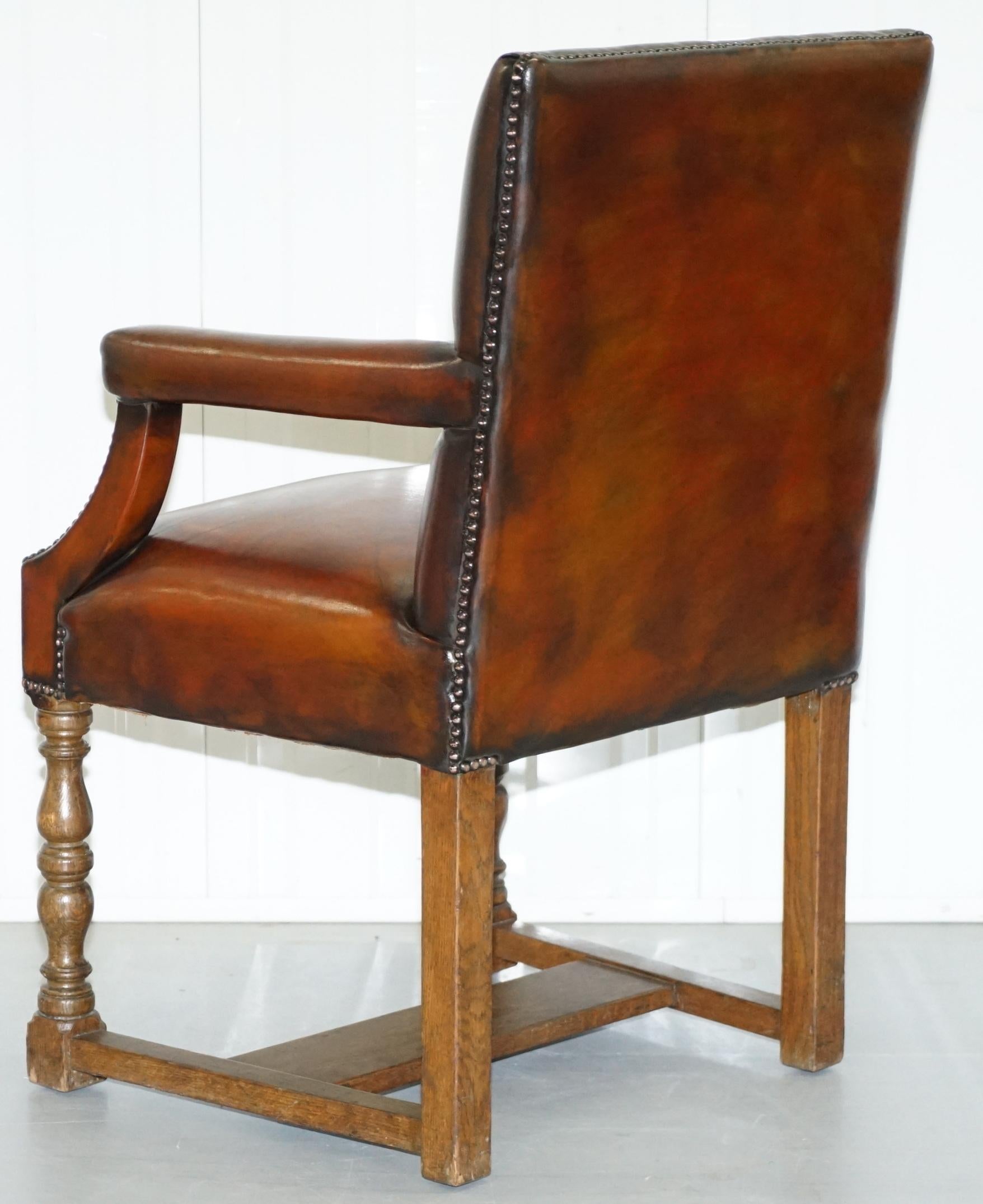 Eight Antique Howard & Son's Brown Leather Carver Gainsborough Dining Armchairs For Sale 7