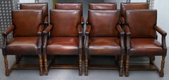 Eight Antique Howard & Son's Brown Leather Carver Gainsborough Dining Armchairs