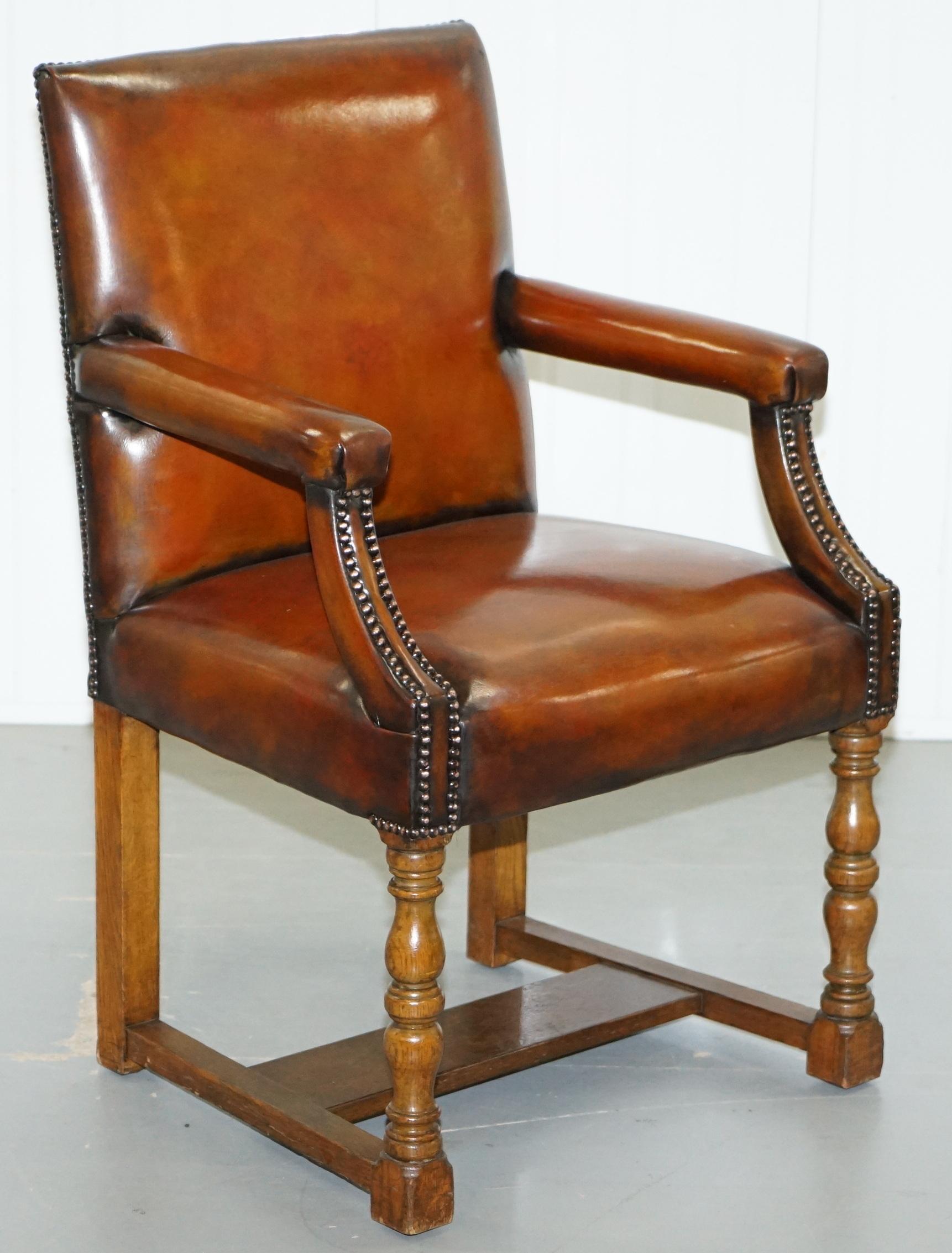 Eight Antique Howard & Son's Brown Leather Carver Gainsborough Dining Armchairs For Sale 11