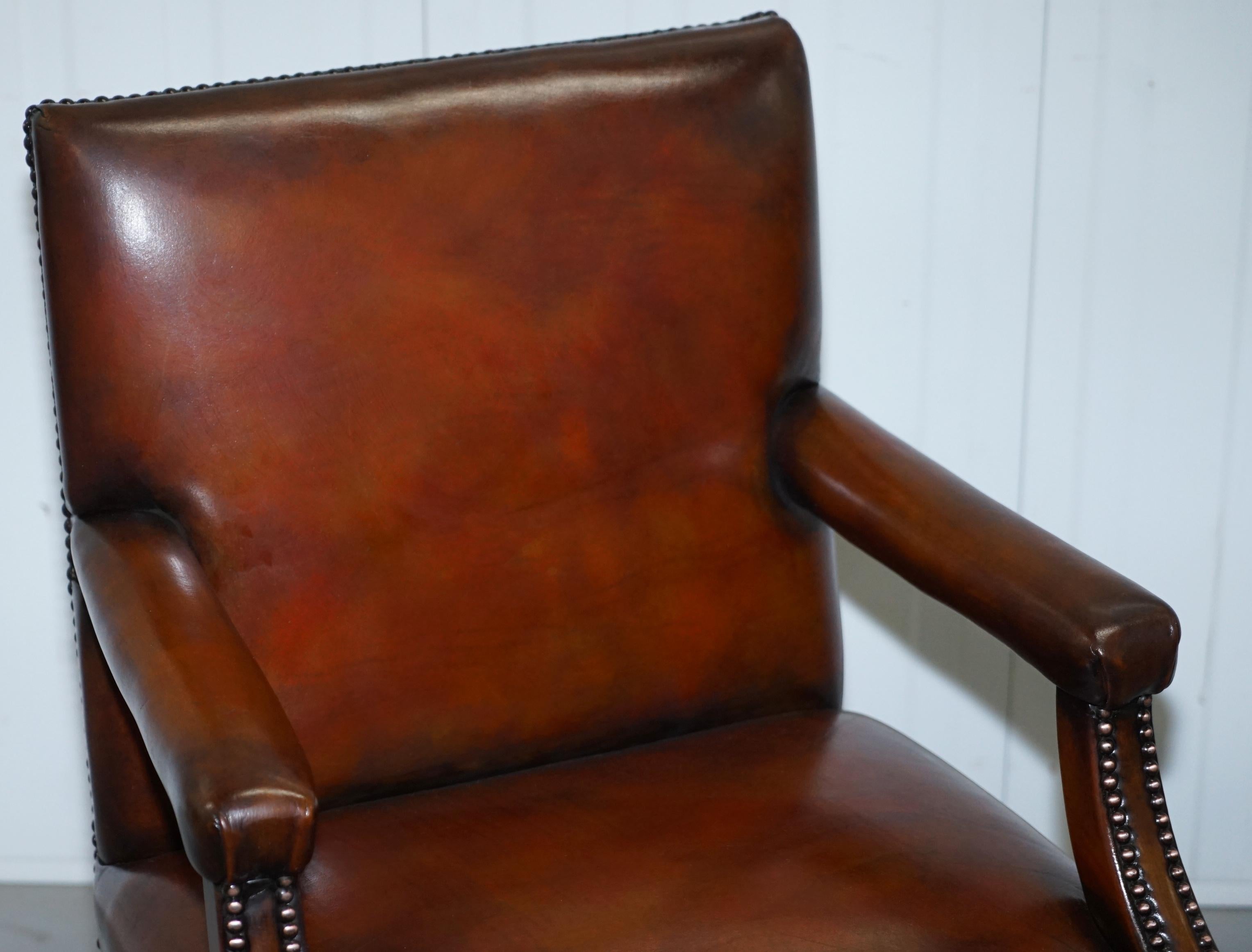 English Eight Antique Howard & Son's Brown Leather Carver Gainsborough Dining Armchairs For Sale