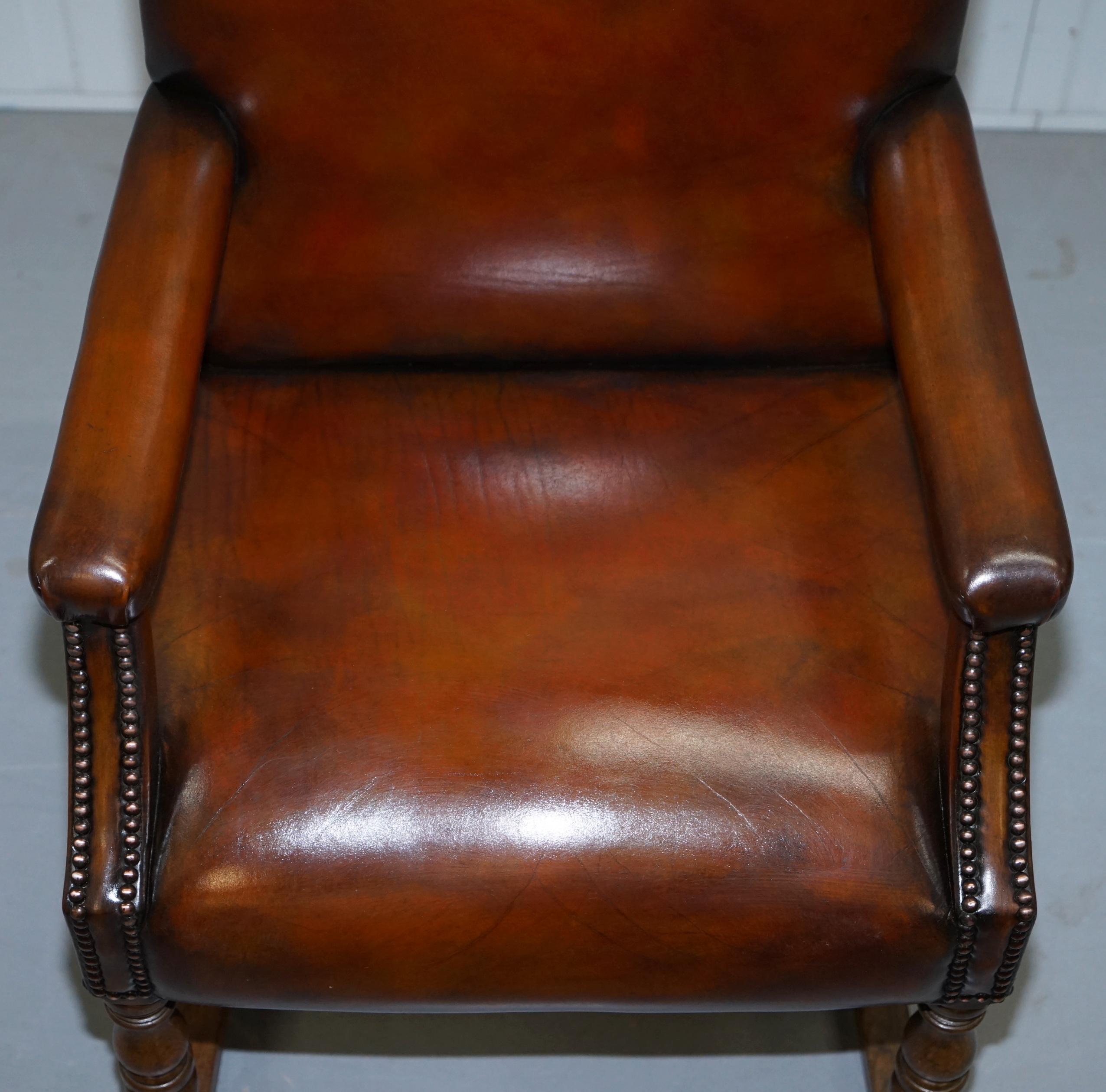 Hand-Crafted Eight Antique Howard & Son's Brown Leather Carver Gainsborough Dining Armchairs For Sale