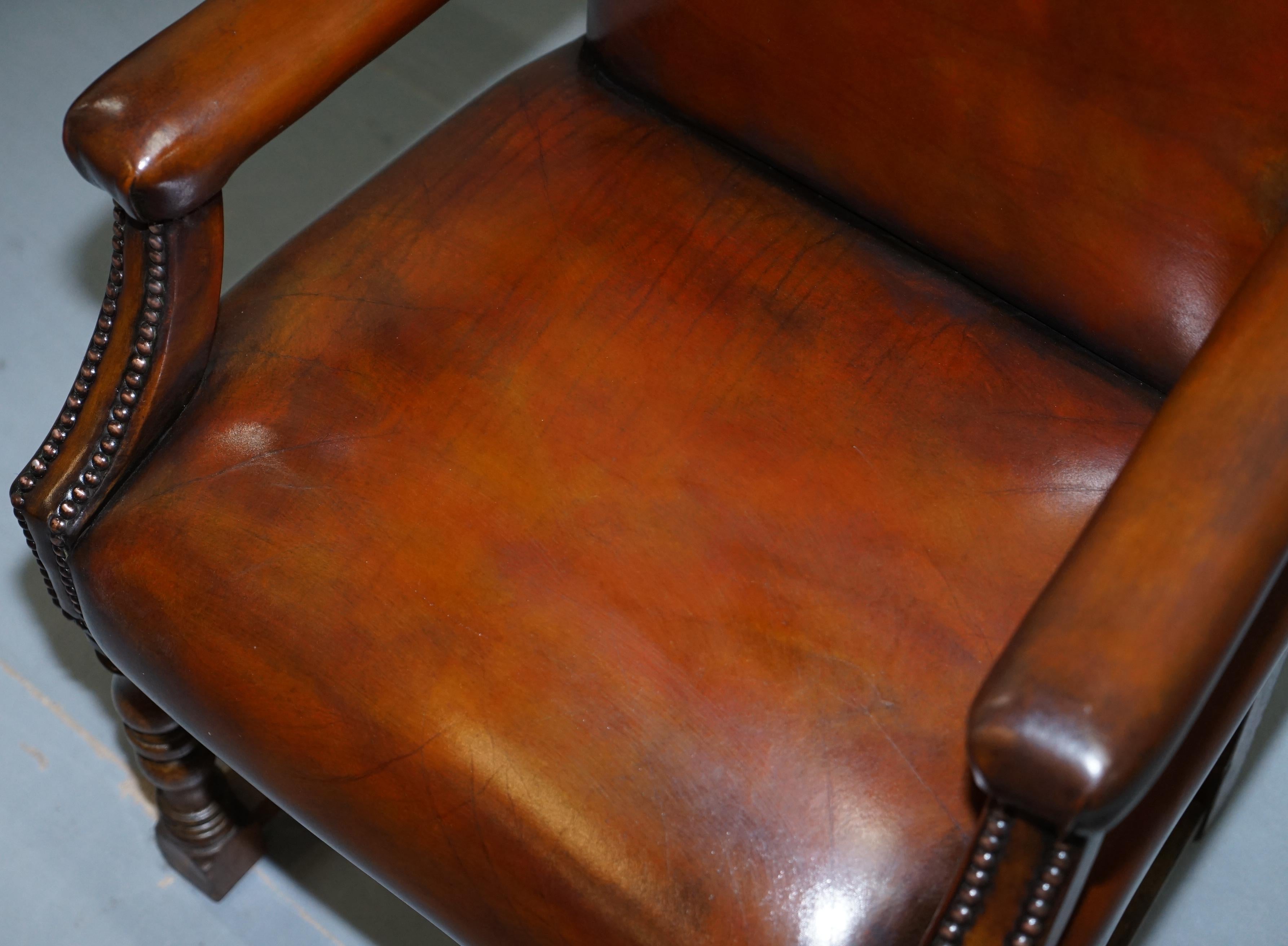 Early 20th Century Eight Antique Howard & Son's Brown Leather Carver Gainsborough Dining Armchairs For Sale