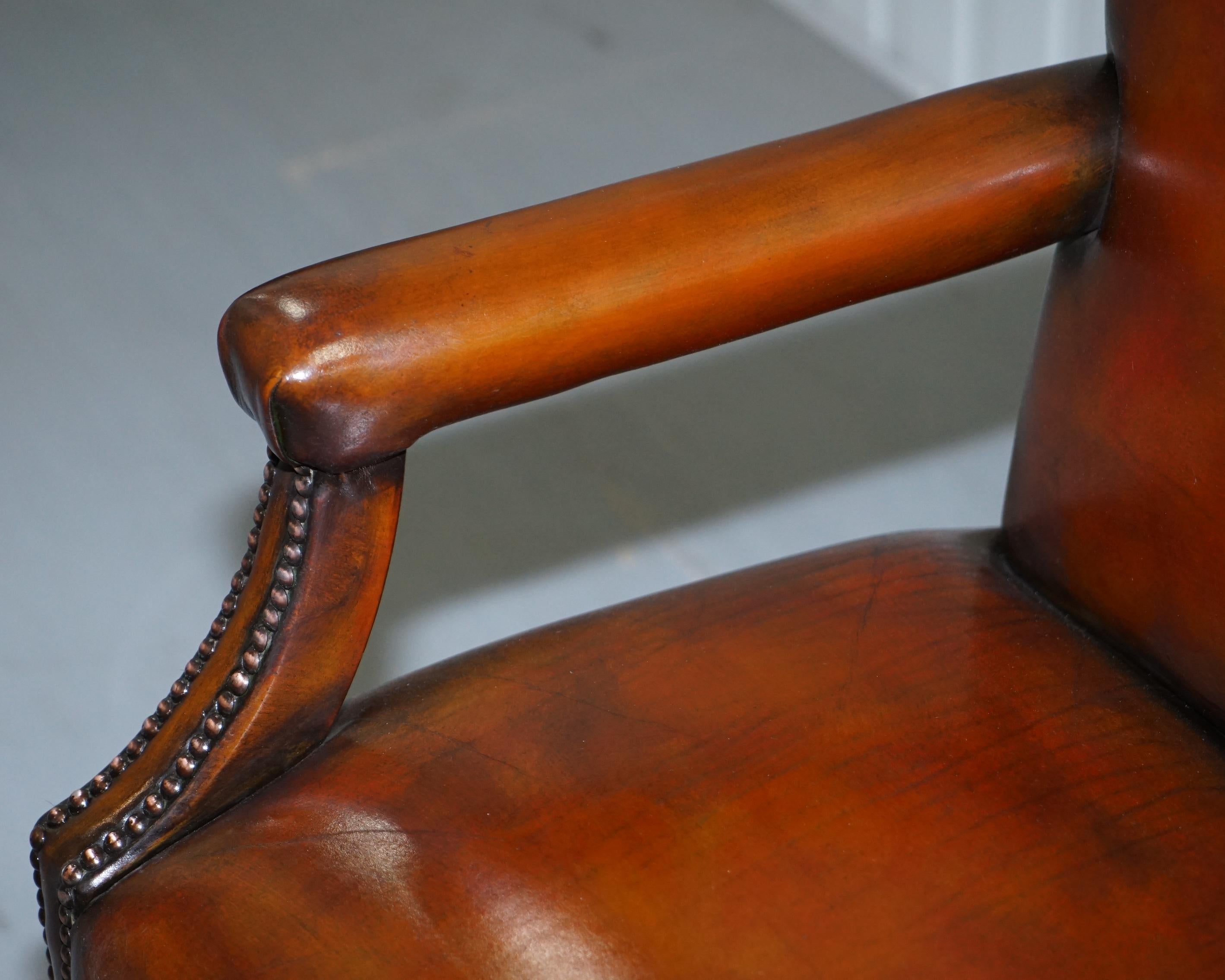 Early 20th Century Eight Antique Howard & Son's Brown Leather Carver Gainsborough Dining Armchairs For Sale