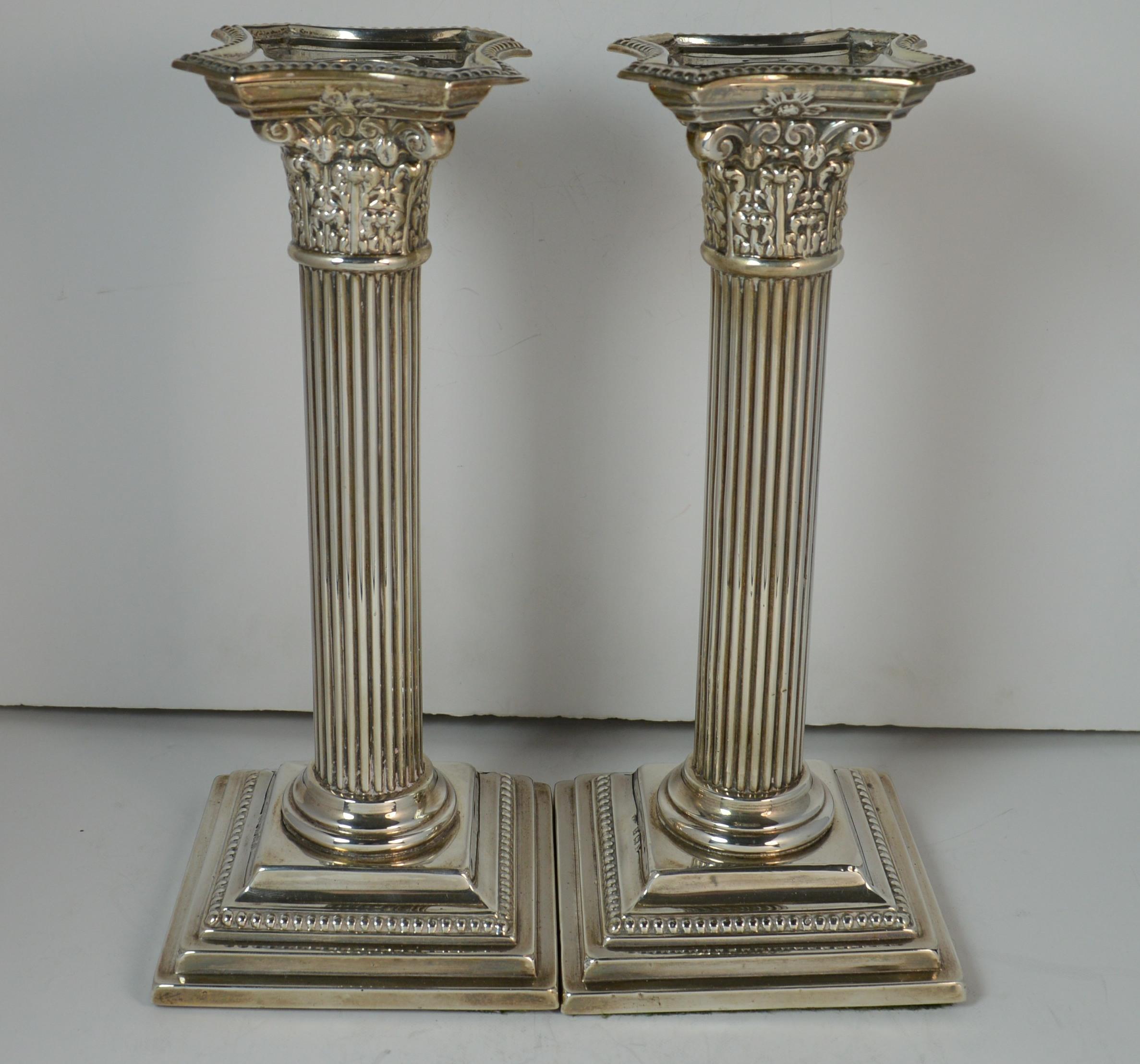 

A pair of English sterling silver candlesticks. Corinthian column design. Attractive design.


Hallmarks ; full set of hallmarks to base

Weight ; N/A, loaded

Size ; 8 inches tall, 9.5cm diameter base

Condition ; Very good. Crisp design. Stand