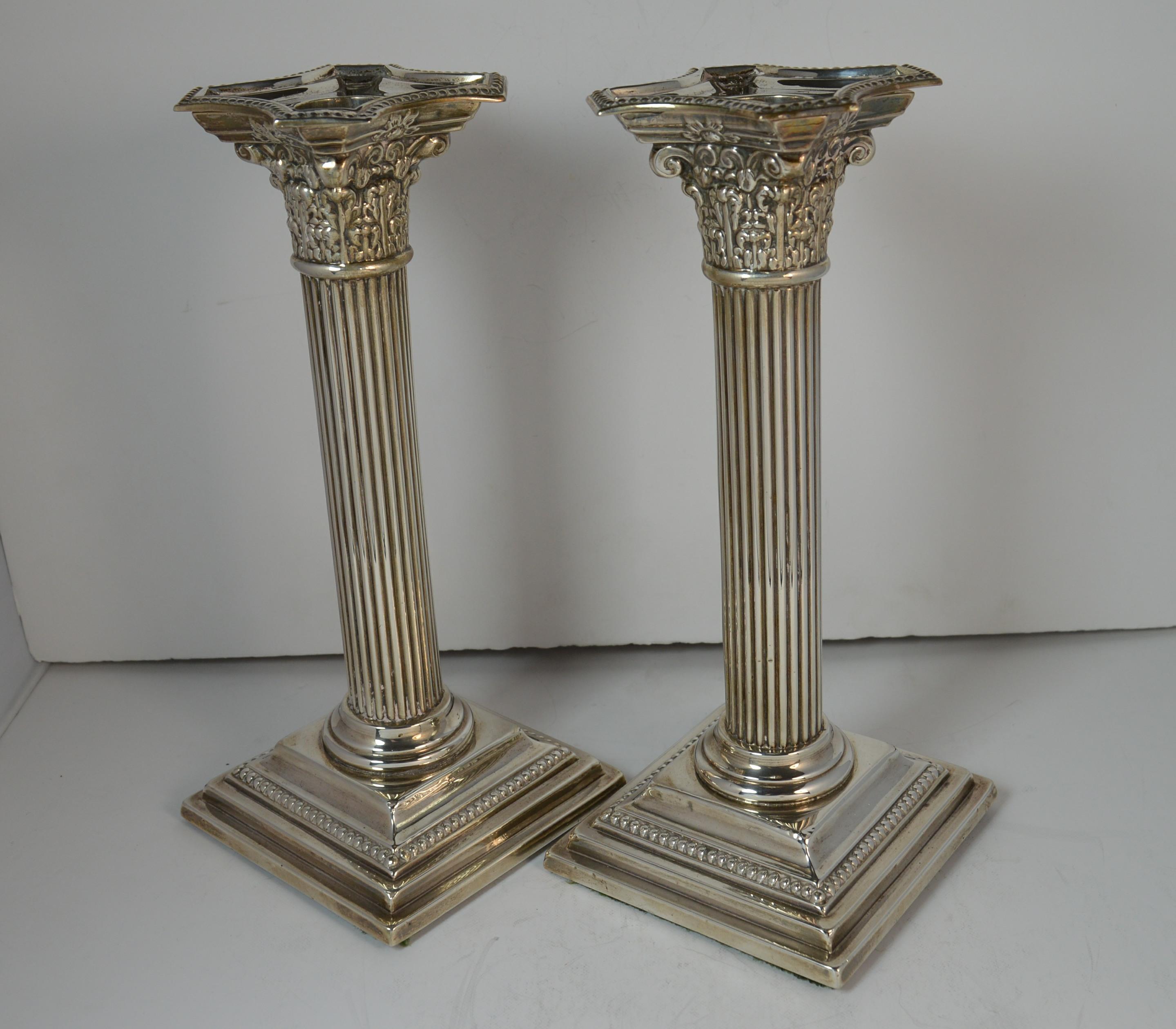 Victorian Hallmarked Edwardian Silver Corinthian Column Candlesticks