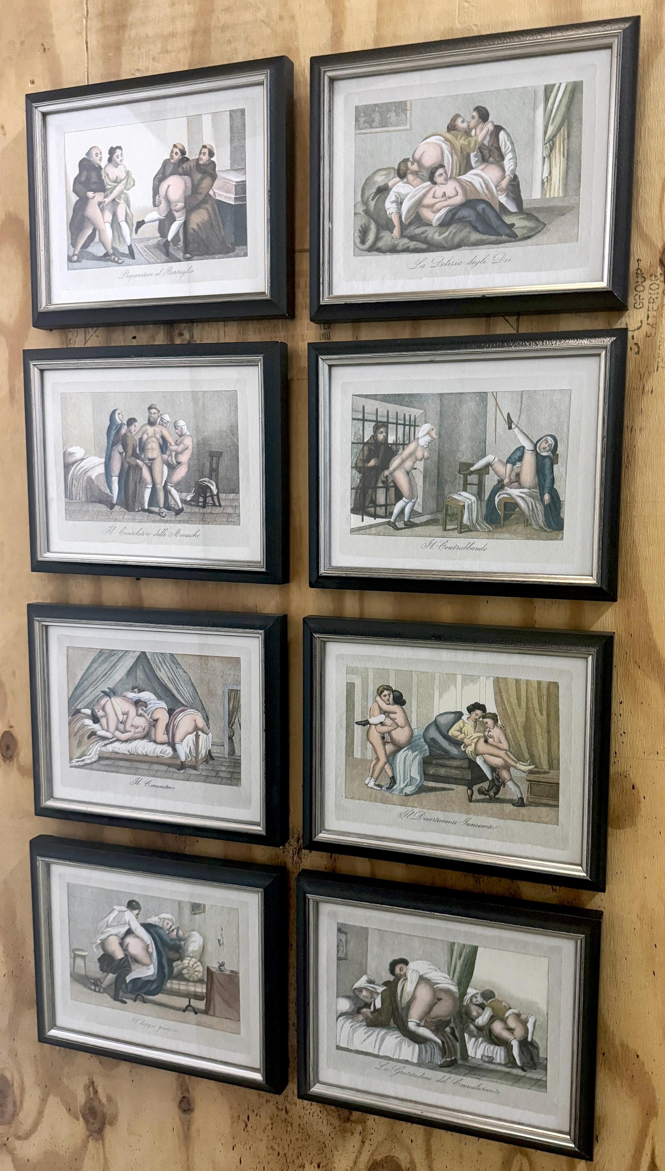 Silvered 8 Italian Baroque Style Erotic Prints  Compromised Aristocrats, Monks & Nuns II For Sale