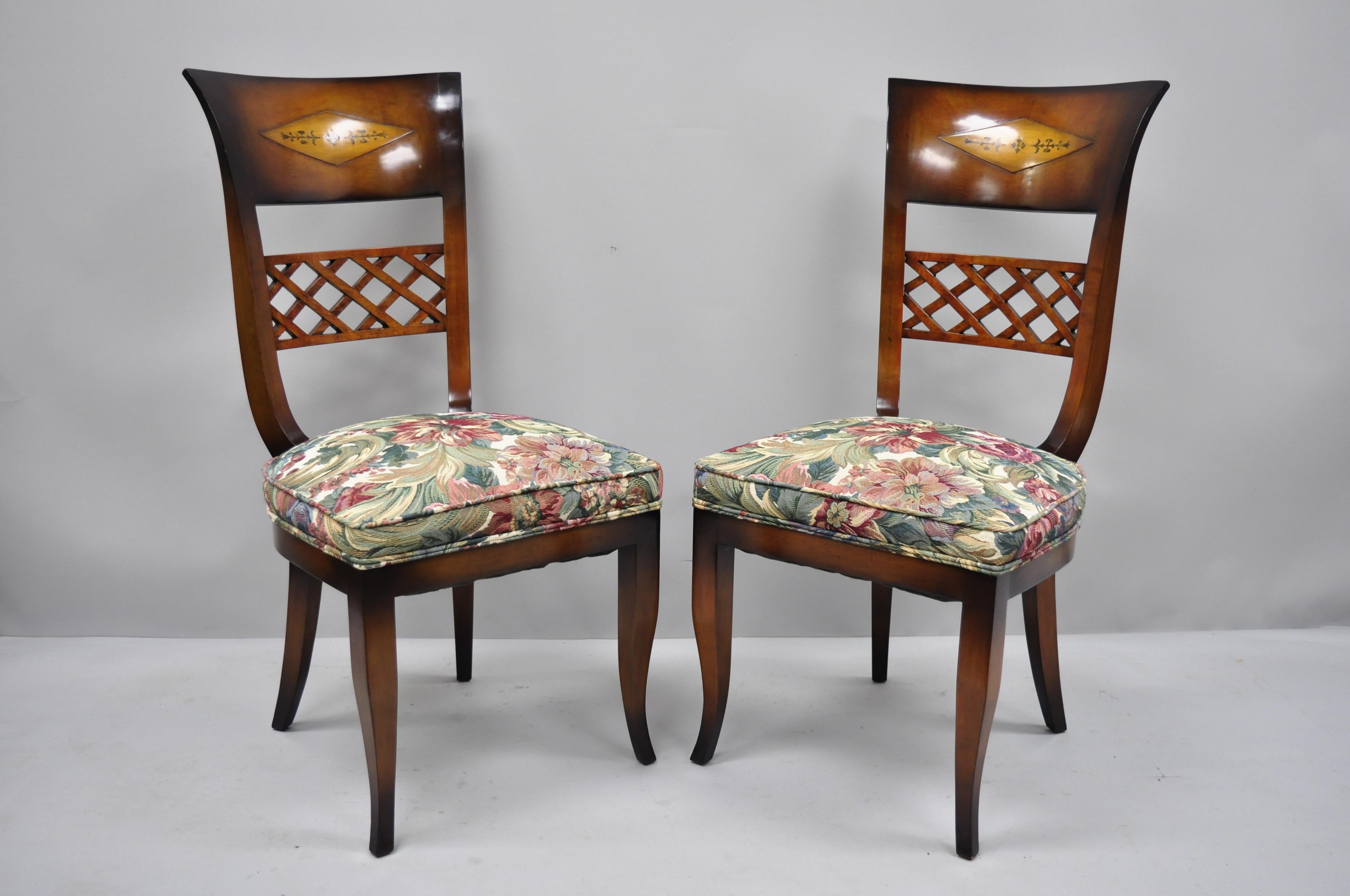 8 Italian Neoclassical Style High Back Lattice and Brass Inlay Dining Chairs For Sale 6
