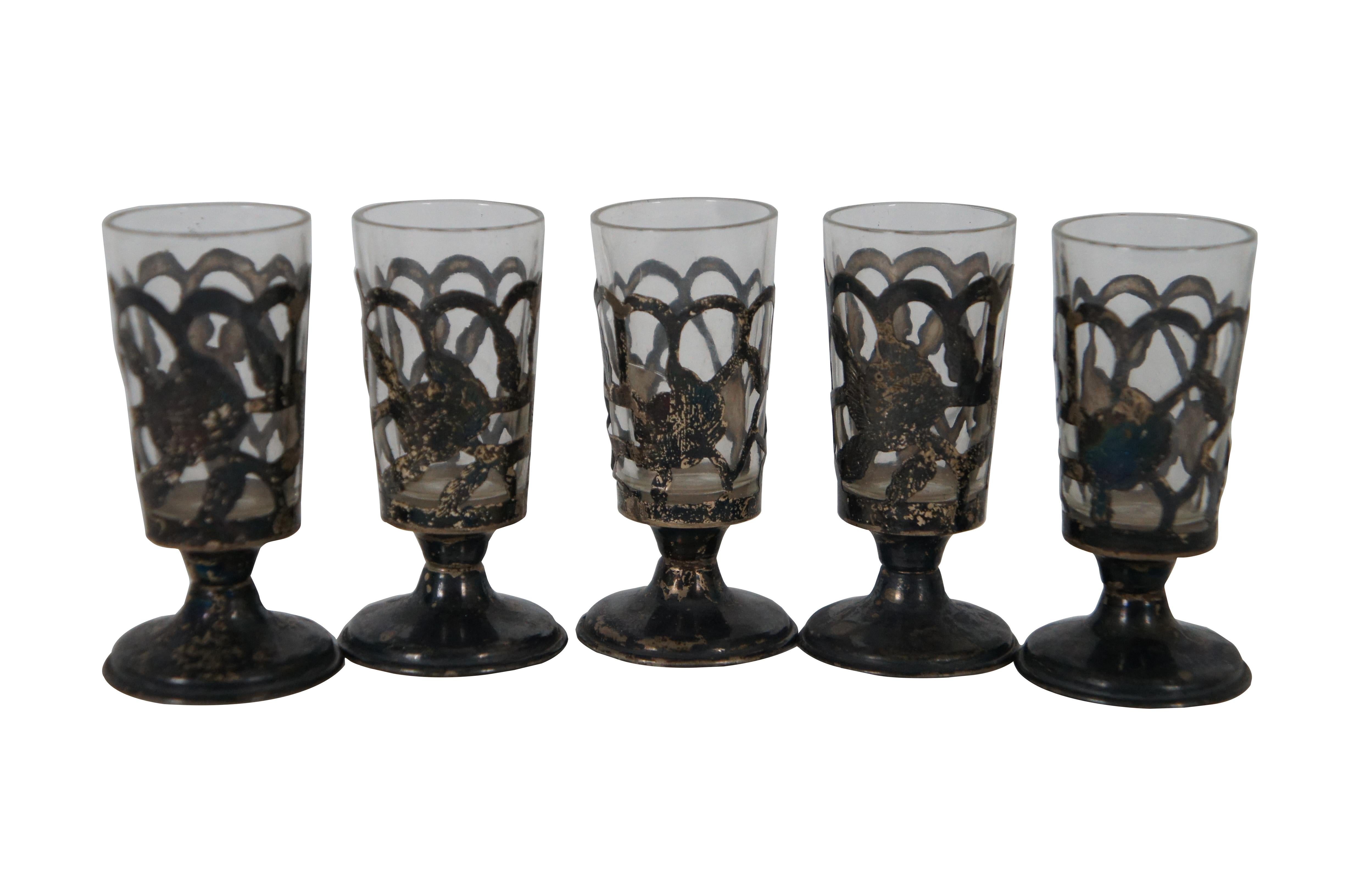 Art Nouveau 8 JMC Mexico 925 Sterling Silver Overlay Water Glasses & Cordials Removable Cups