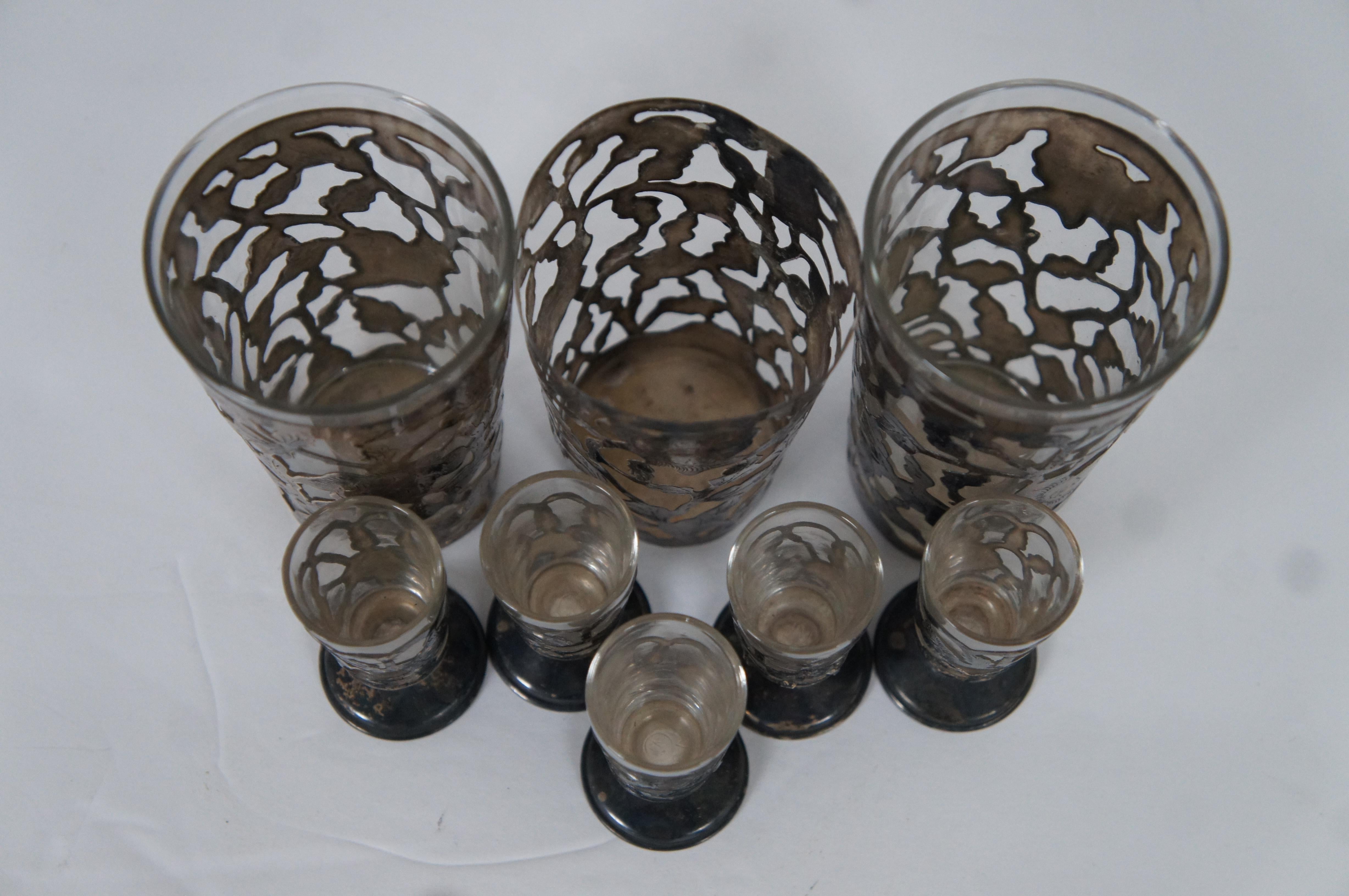 8 JMC Mexico 925 Sterling Silver Overlay Water Glasses & Cordials Removable Cups In Good Condition In Dayton, OH