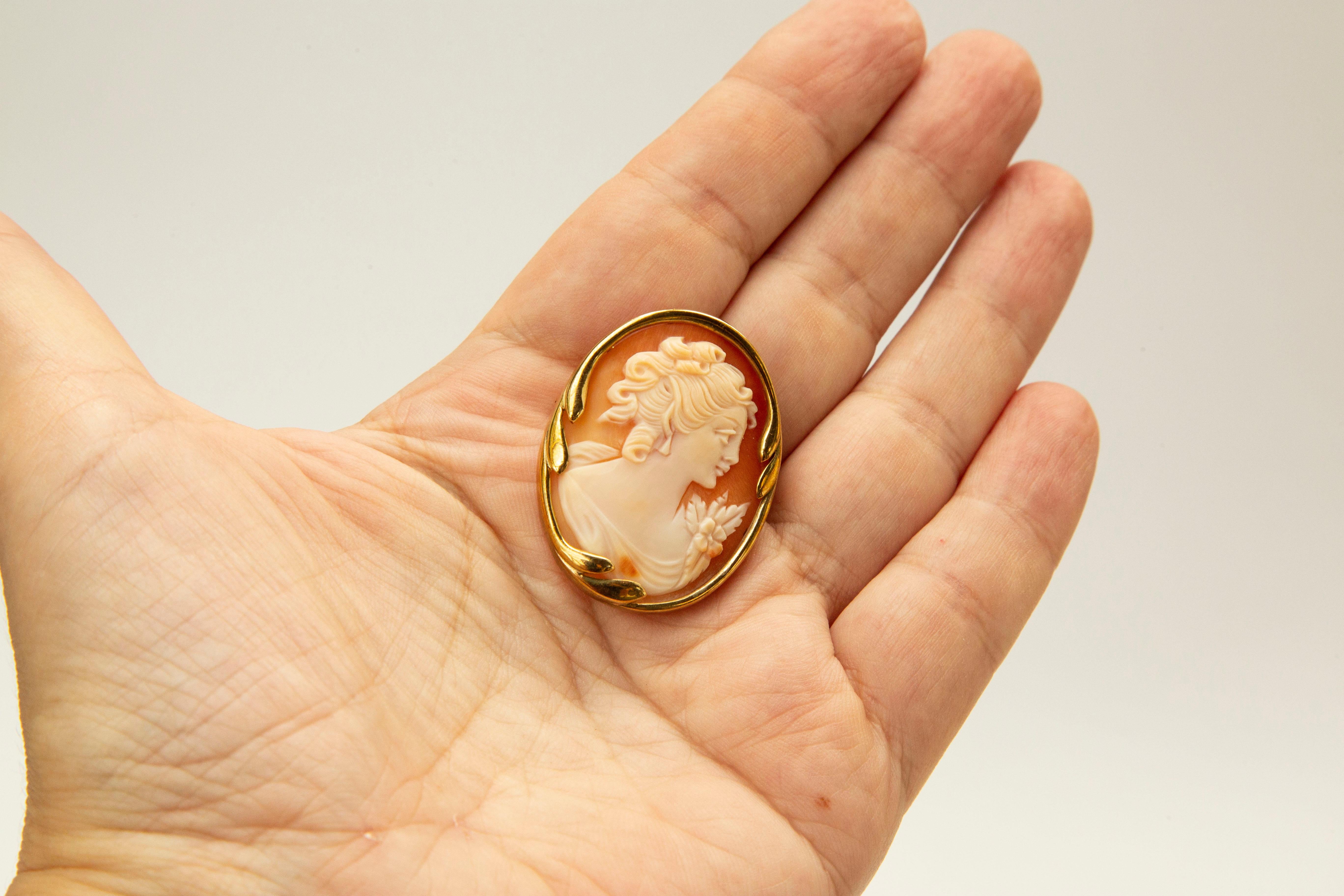 8 Karat Yellow Gold and Shell Cameo  Pendant / Brooch For Sale 3