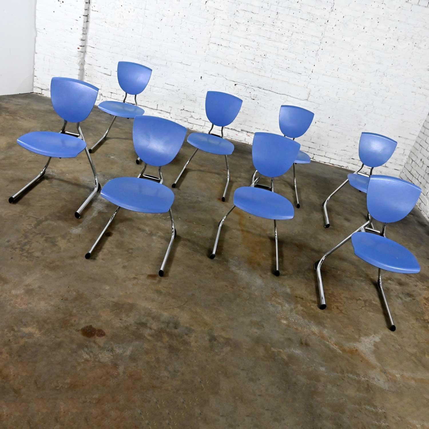 8 KI Seating Modern Light Blue Plastic & Chrome Reverse Cantilever Dining Chairs For Sale 3