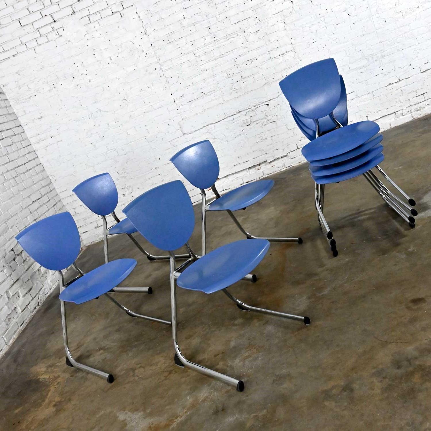 8 KI Seating Modern Light Blue Plastic & Chrome Reverse Cantilever Dining Chairs For Sale 4