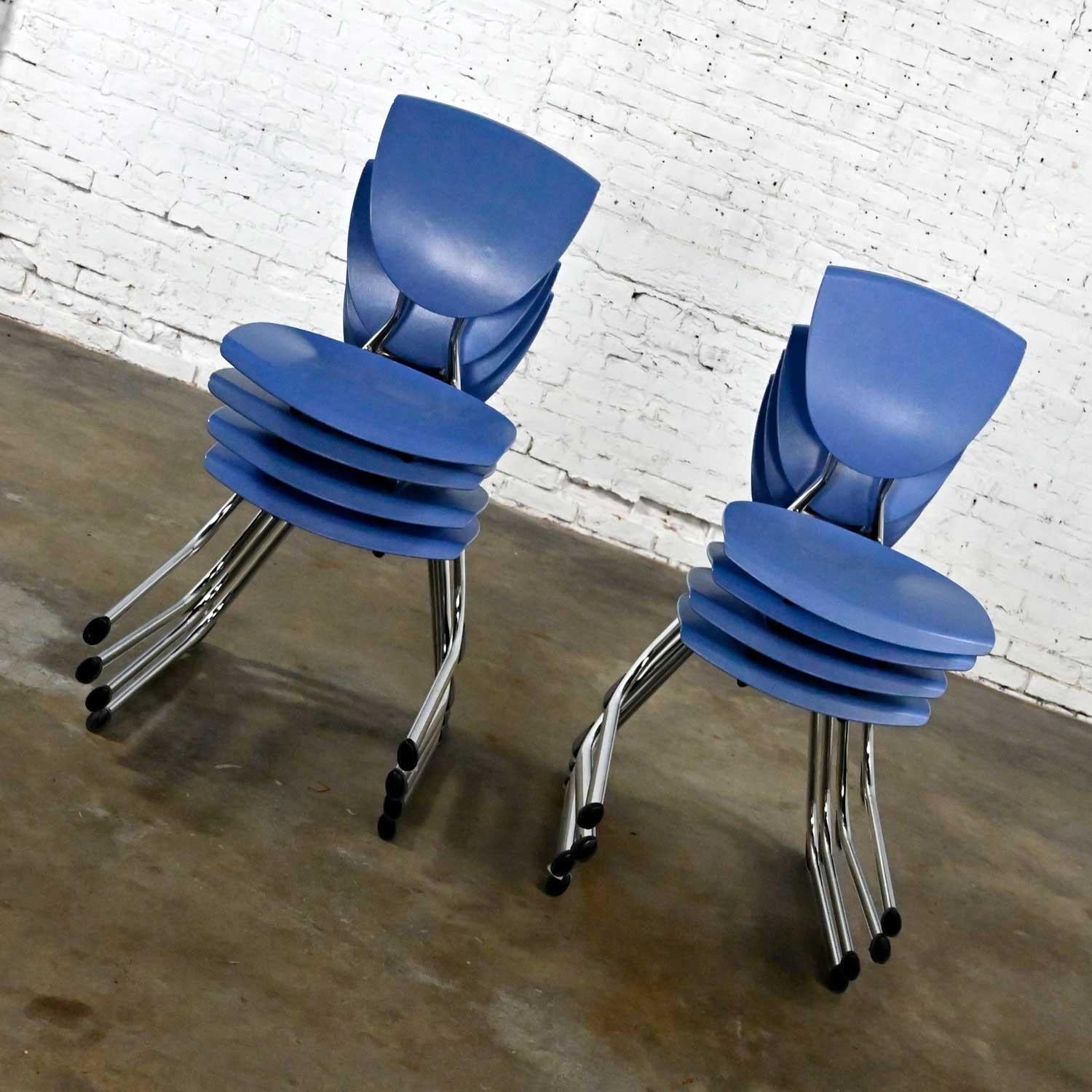 Fabulous vintage modern light blue plastic & chrome reverse cantilever Intellect dining chairs by Krueger International (a.k.a.) KI Seating - 8 total. Beautiful condition, keeping in mind that these are vintage and not new so will have signs of use