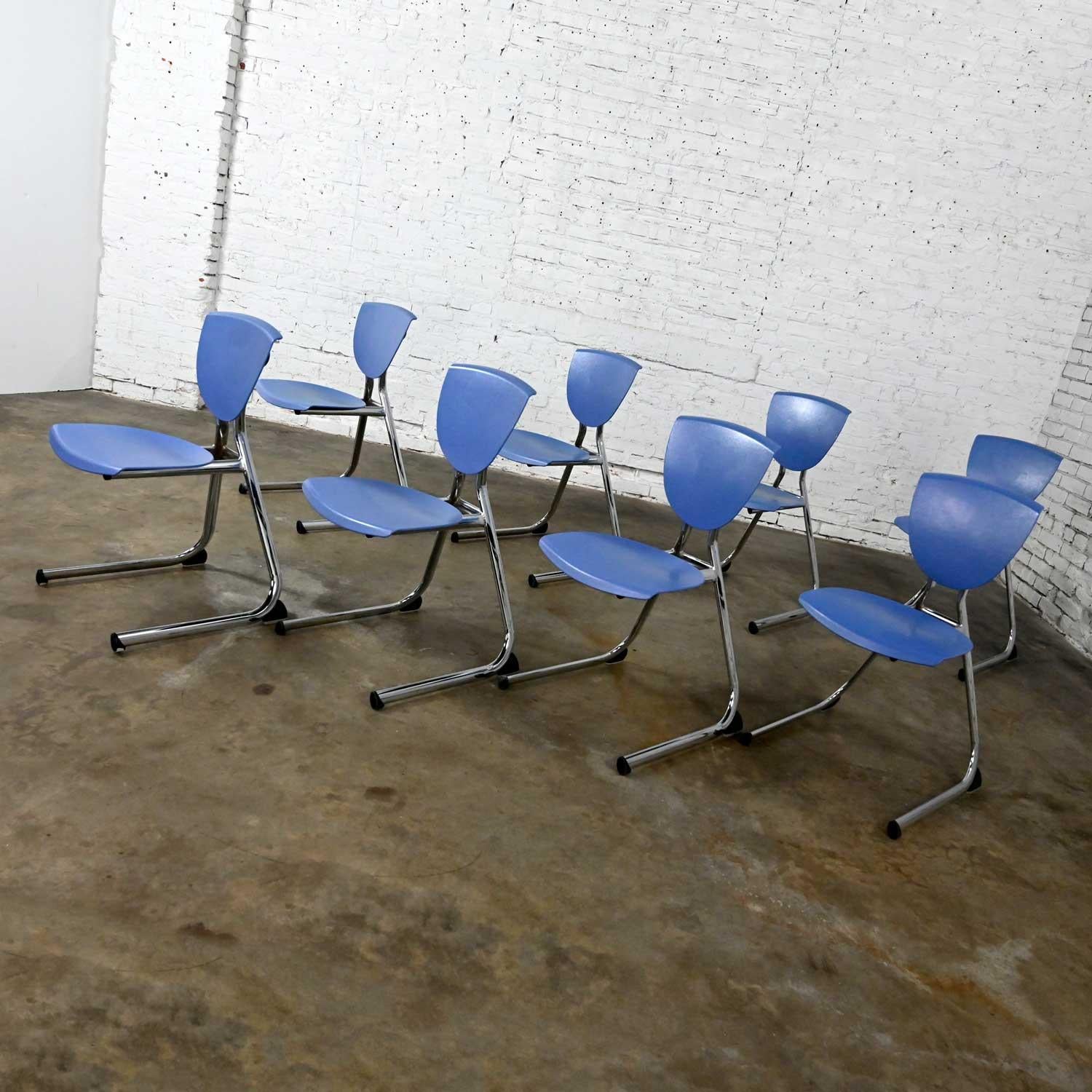 Unknown 8 KI Seating Modern Light Blue Plastic & Chrome Reverse Cantilever Dining Chairs For Sale