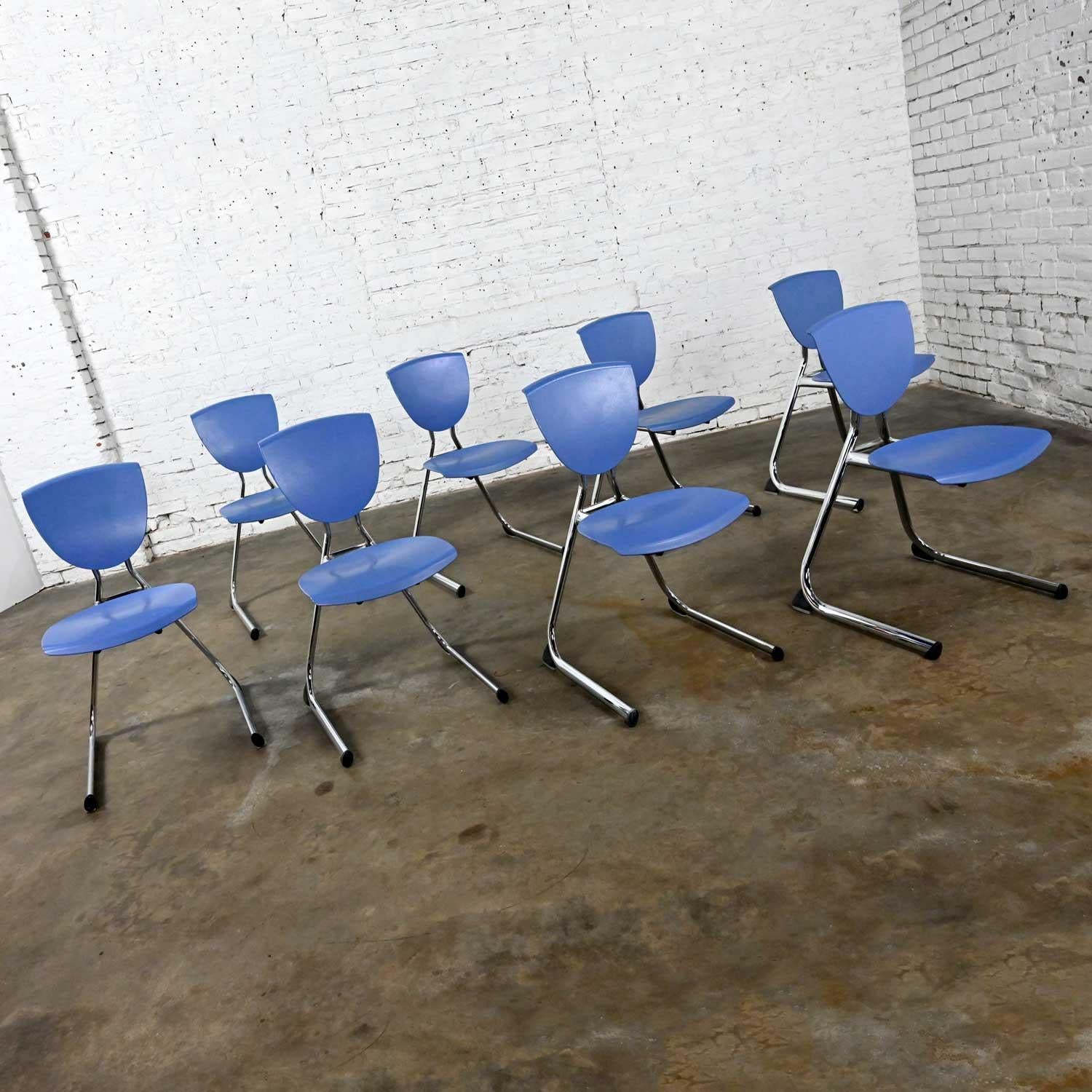 8 KI Seating Modern Light Blue Plastic & Chrome Reverse Cantilever Dining Chairs In Good Condition For Sale In Topeka, KS