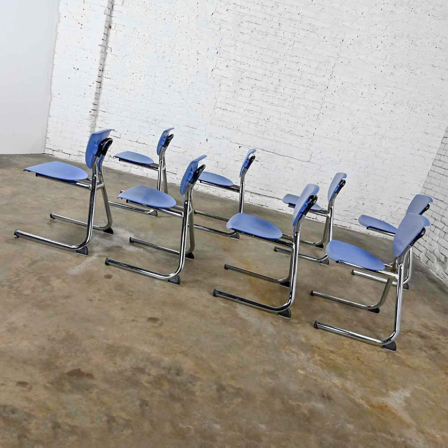 Contemporary 8 KI Seating Modern Light Blue Plastic & Chrome Reverse Cantilever Dining Chairs For Sale