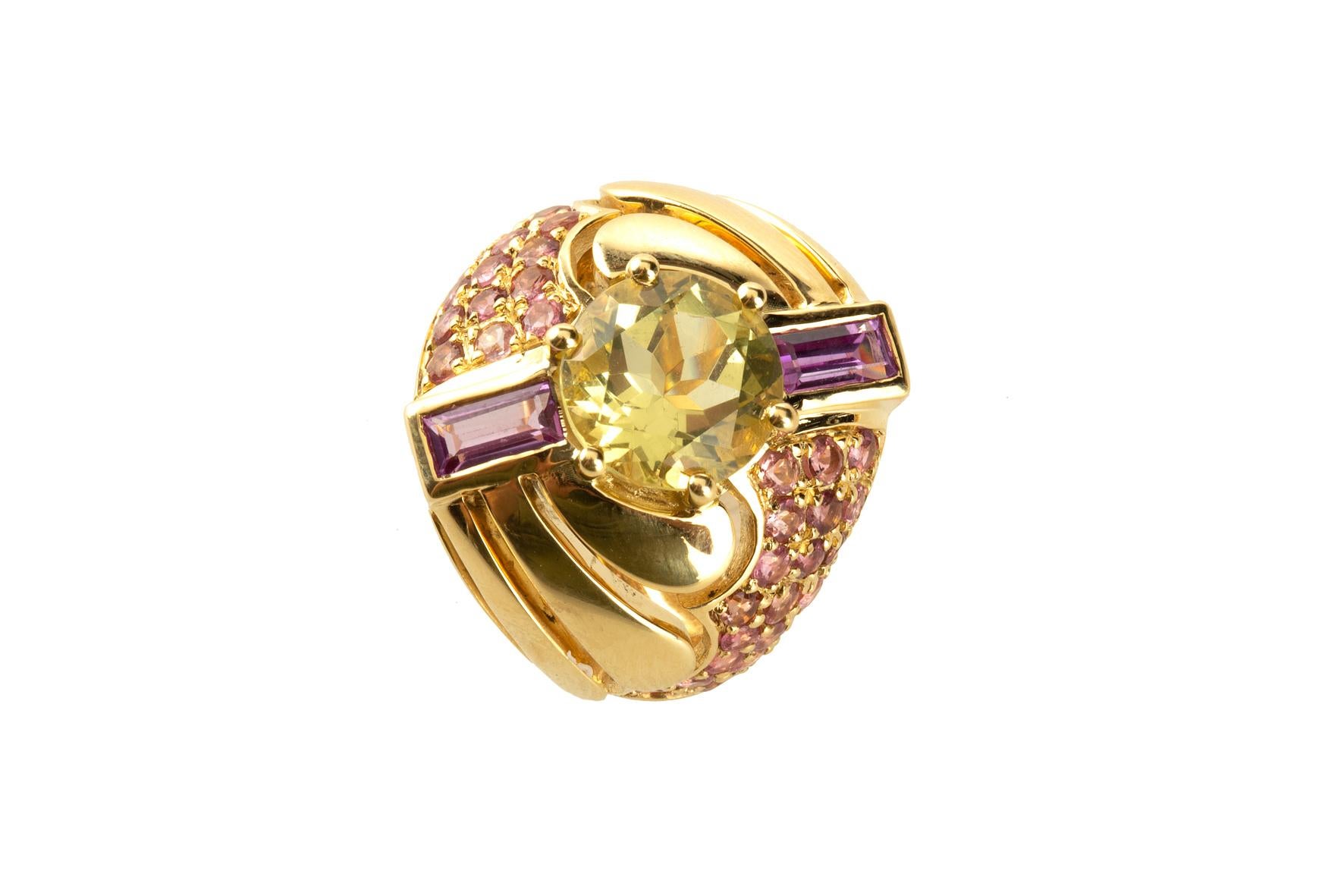 Baguette Cut 18 Karat Gold Ring Pink Sapphire Kunzite For Sale