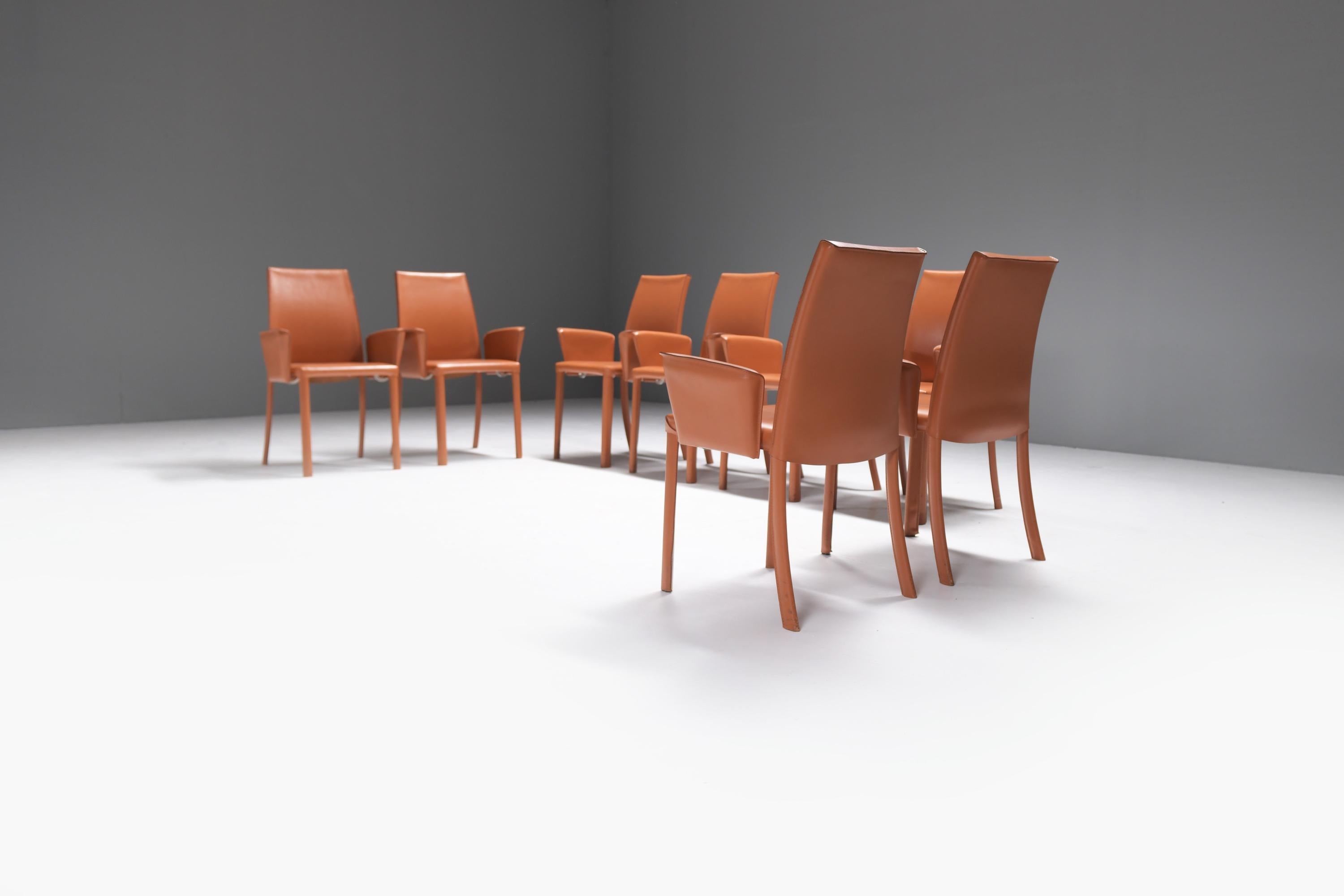 Italian 8 leather Bottega dining chairs by Fauciglietti & Bianchi for Frag Italy For Sale