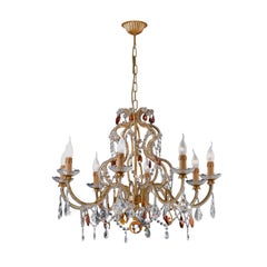 8-Light Antique Gold Leaf Metal and Crystal Chandelier