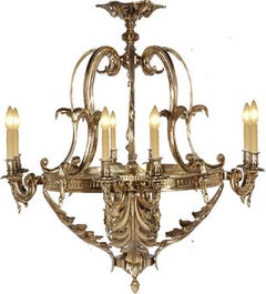 Eight-Light Brass Chandelier Featuring Acanthus Leaf Motif