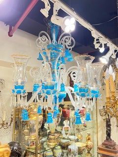 8-Light Gilt Blue Opaline and Clear Glass Chandelier