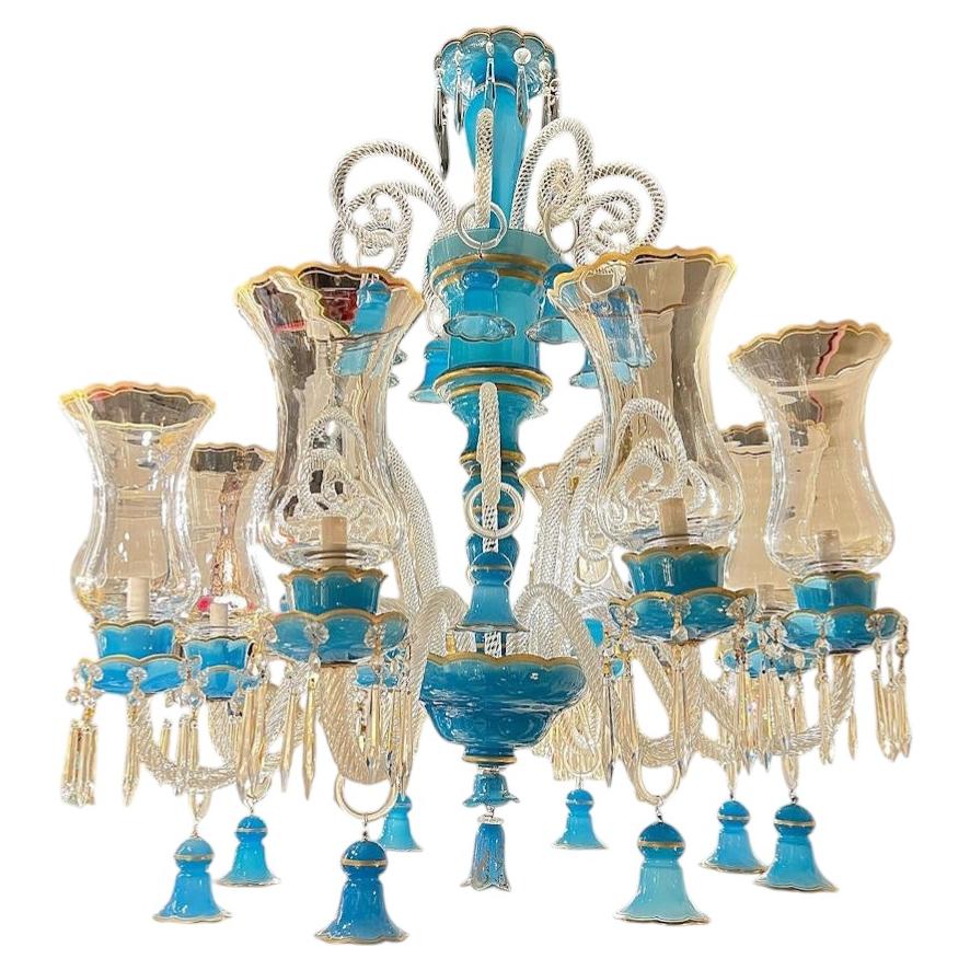 8-Light Gilt Blue Opaline and Clear Glass Chandelier For Sale