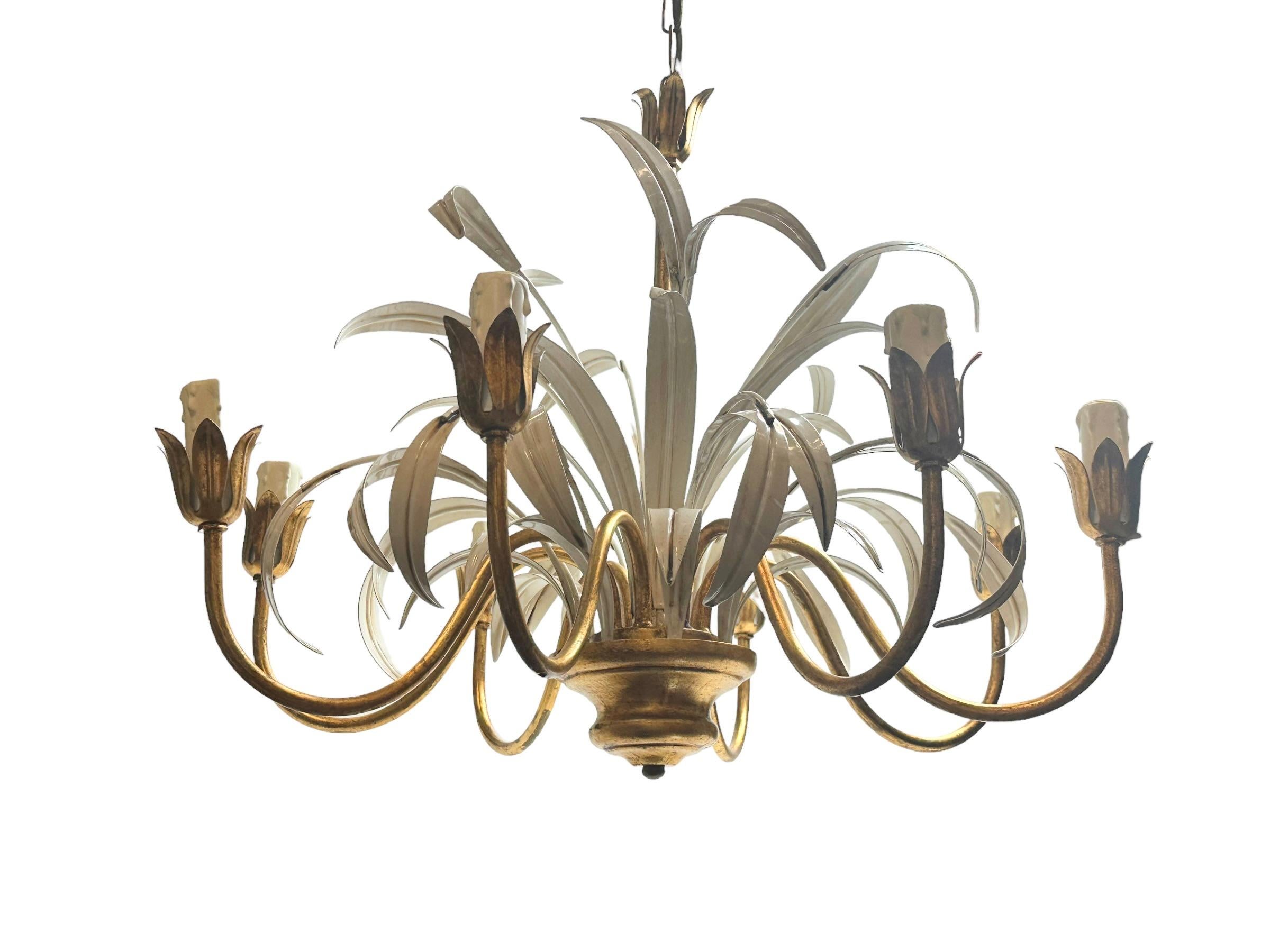 8-Light Gilt Metal Reed Leaf Chandelier Tole Toleware Coco Chanel Style, Italy For Sale 5
