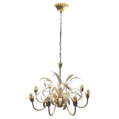 Vintage 8-Light Gilt Metal Reed Leaf Chandelier Tole Toleware Coco Chanel Style, Italy