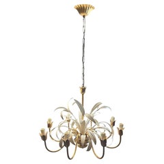 8-Light Gilt Metal Reed Leaf Chandelier Tole Toleware Coco Chanel Style, Italy