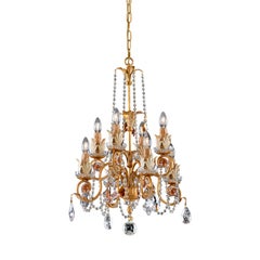 8-Light Gold Leaf Metal and Crystal Chandelier