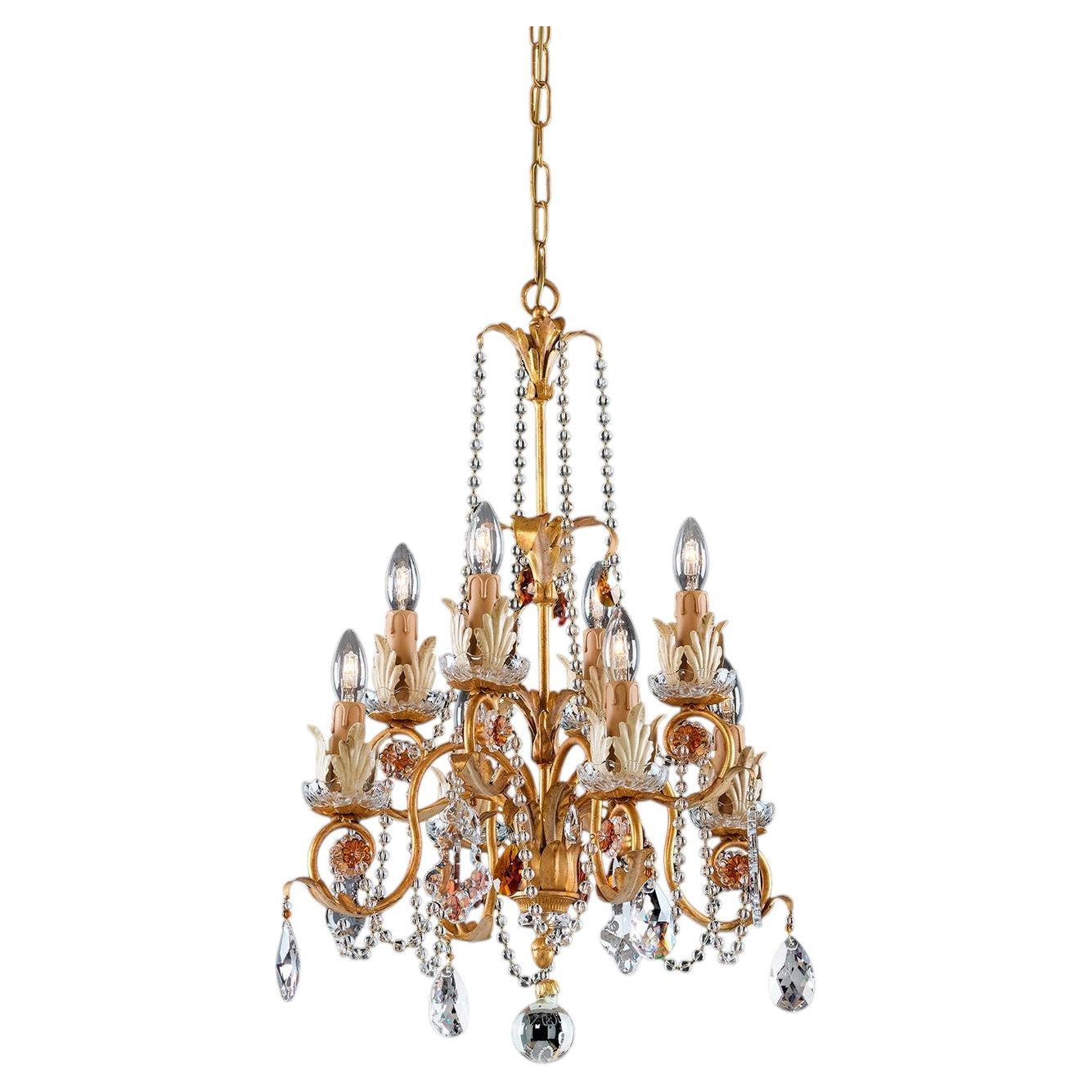 8-Light Gold Leaf Metal and Crystal Chandelier For Sale