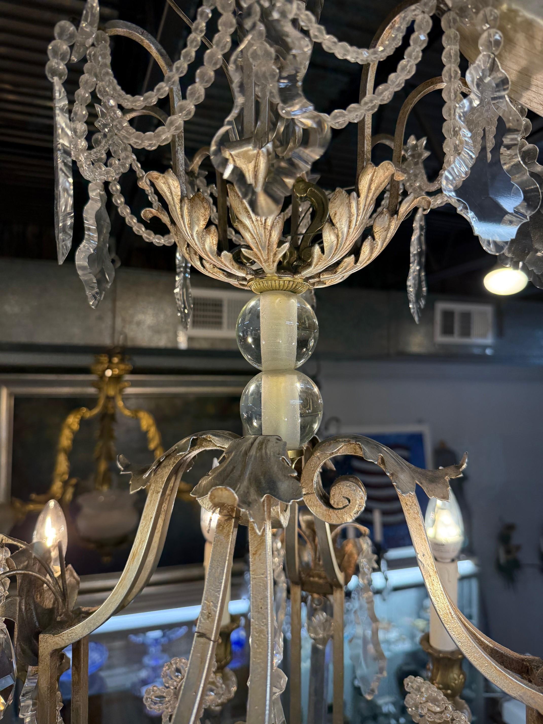 8 Light Iron, Brass & Crystal Chandelier with Antique Nickel Finish For Sale 5