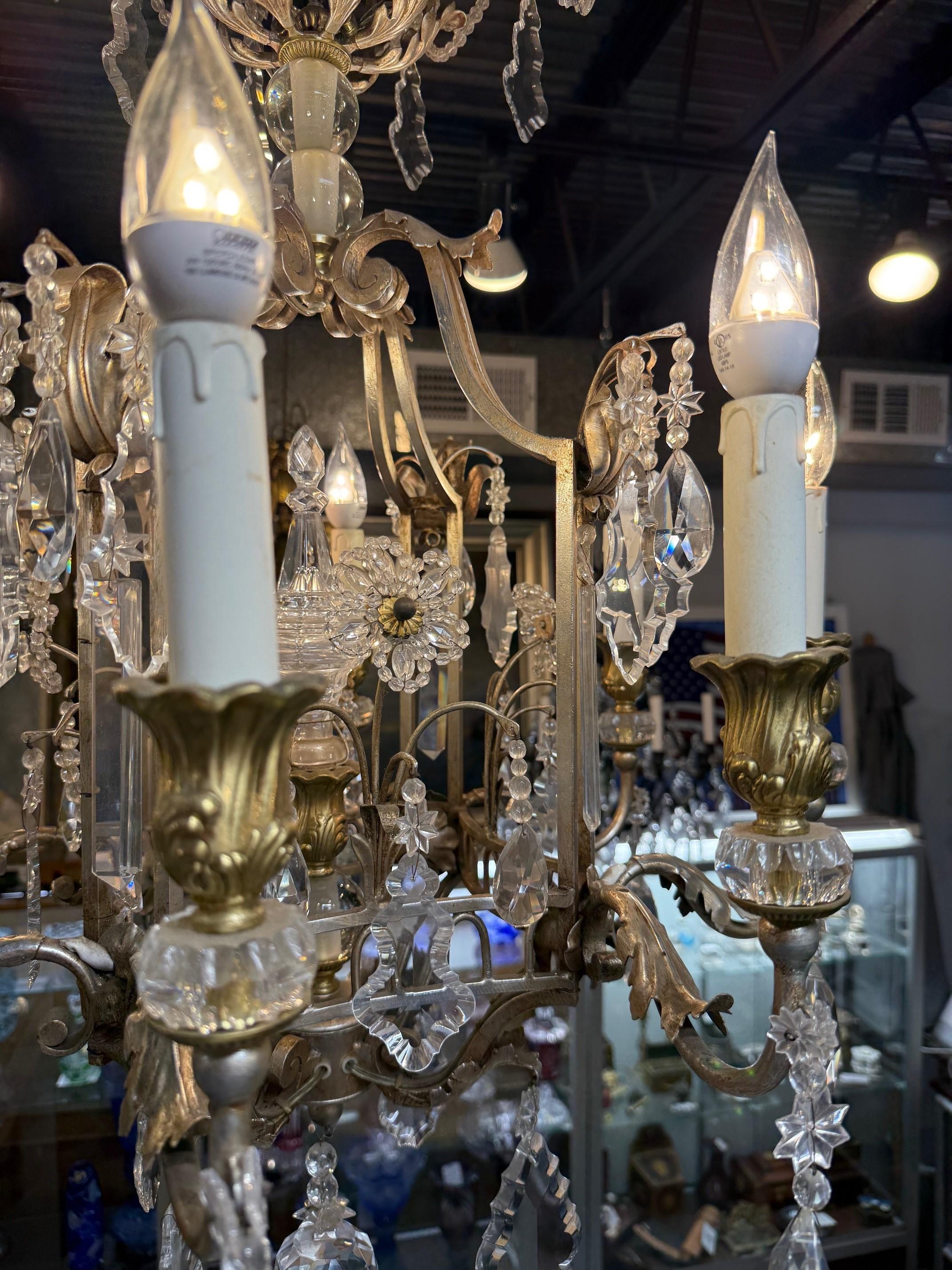8 Light Iron, Brass & Crystal Chandelier with Antique Nickel Finish For Sale 6