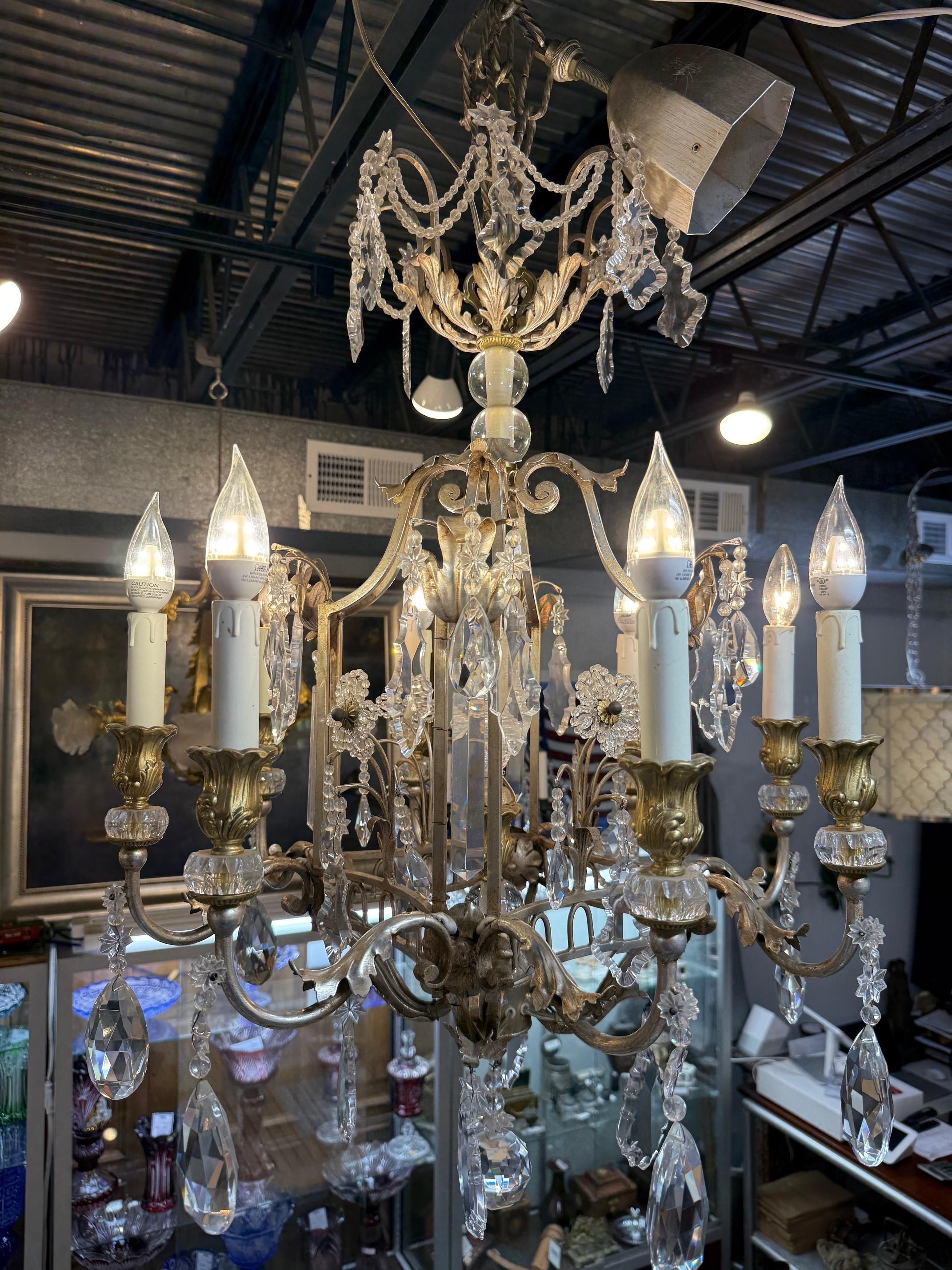 8 Light Iron, Brass & Crystal Chandelier with Antique Nickel Finish For Sale 7
