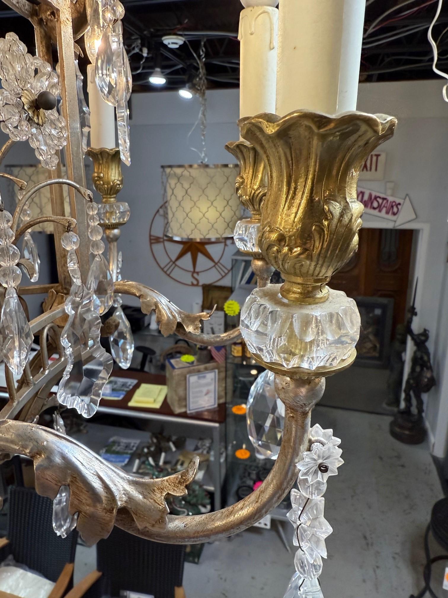 8 Light Iron, Brass & Crystal Chandelier with Antique Nickel Finish For Sale 8