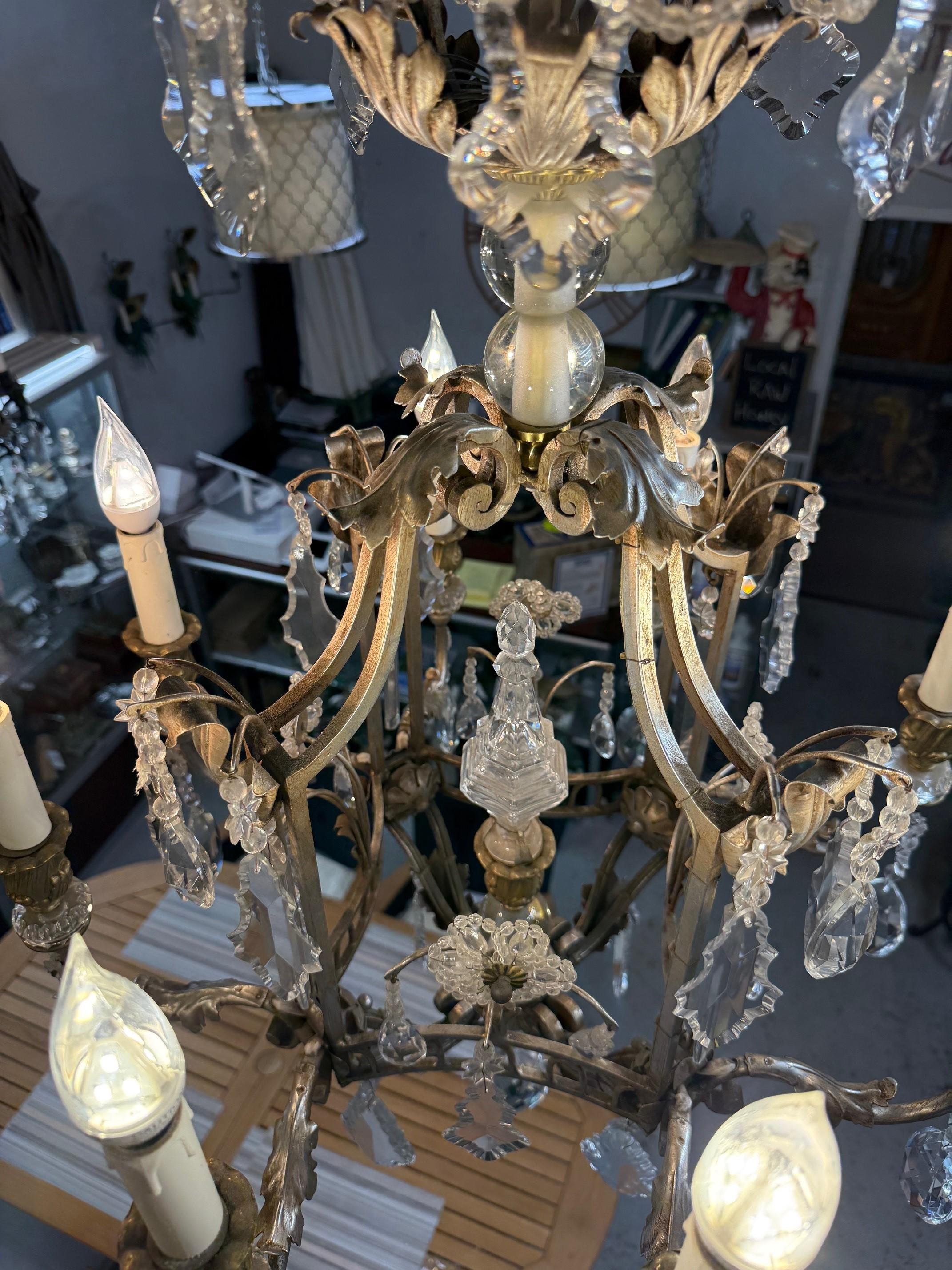 8 Light Iron, Brass & Crystal Chandelier with Antique Nickel Finish For Sale 10