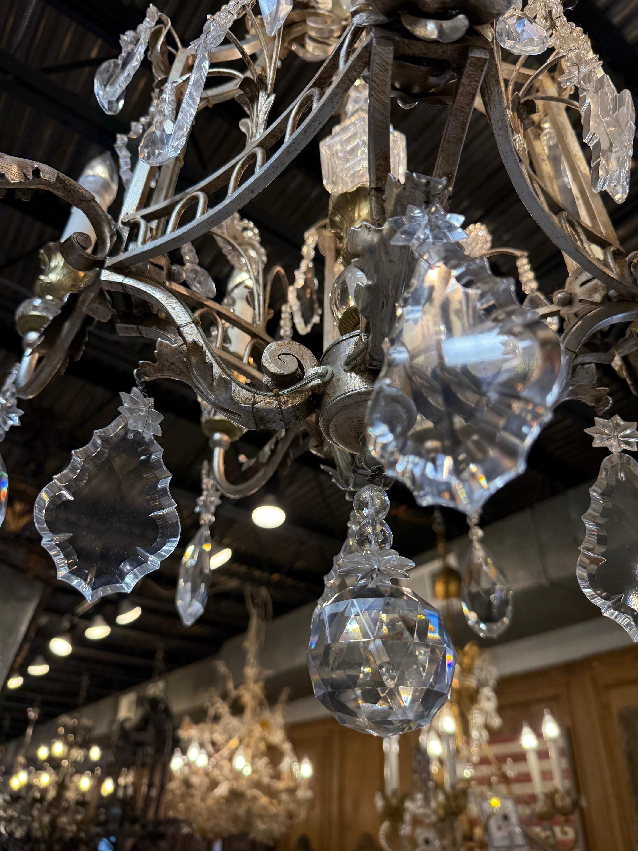 8 Light Iron, Brass & Crystal Chandelier with Antique Nickel Finish For Sale 11