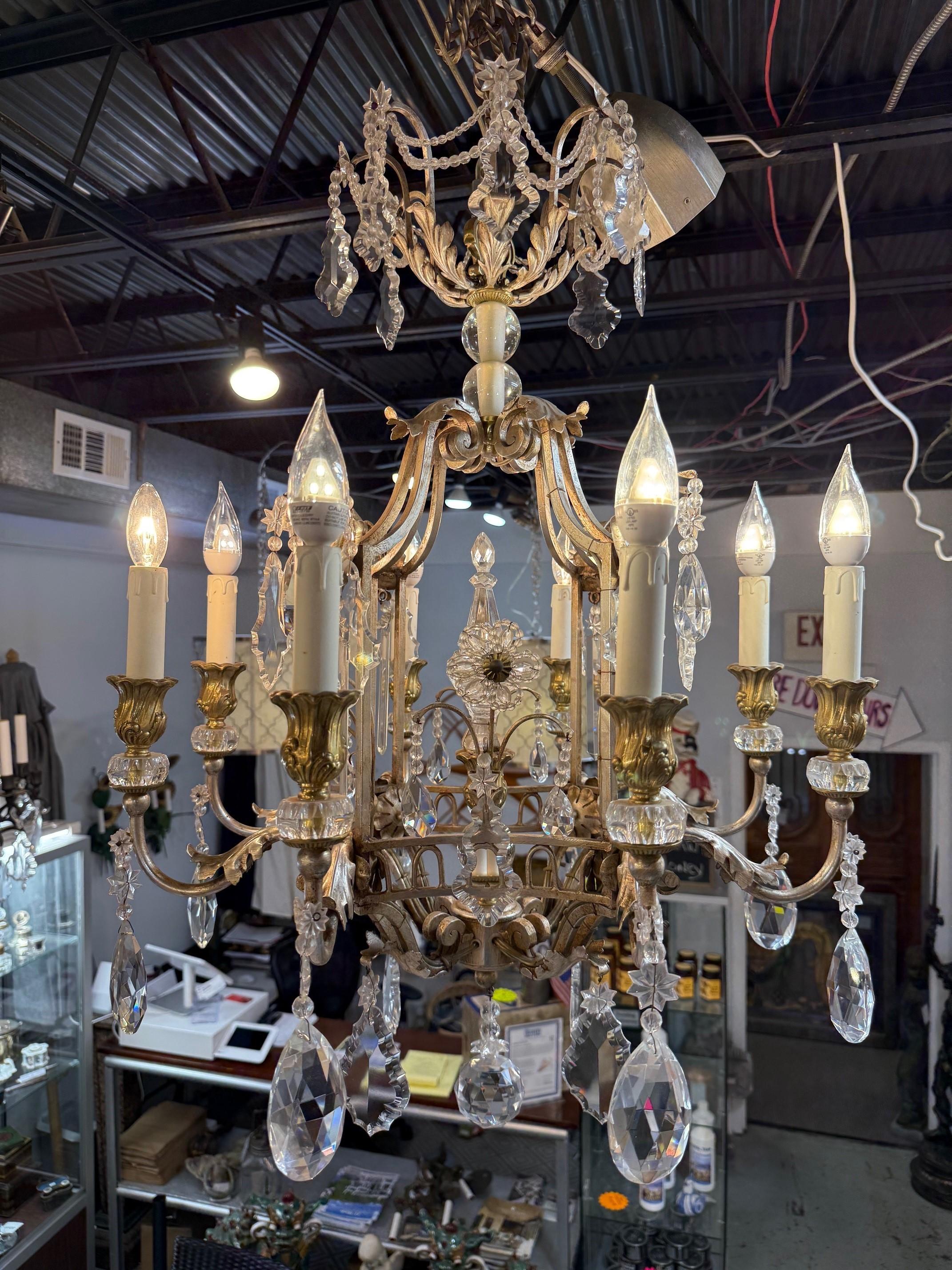 This eight-light birdcage-style chandelier is a stunning combination of crystal, brass and a antique nickel finish. The fixture features a crystal finial with crystal flowers in the center, and its size makes it a good fit for most rooms. The