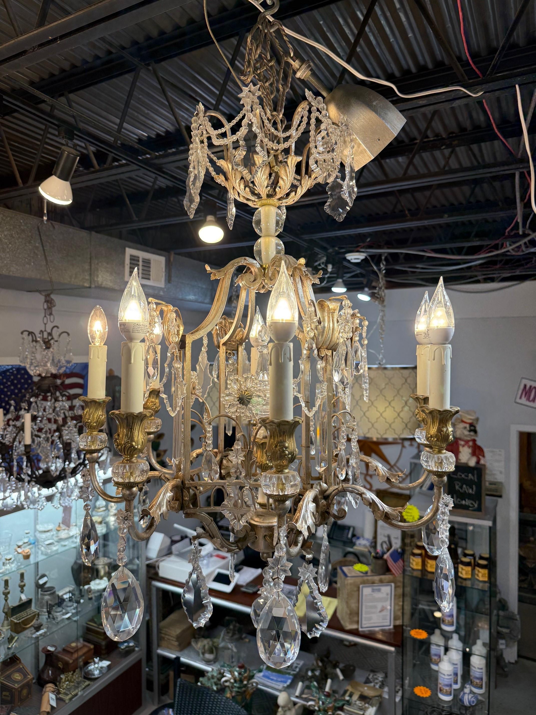 European 8 Light Iron, Brass & Crystal Chandelier with Antique Nickel Finish For Sale
