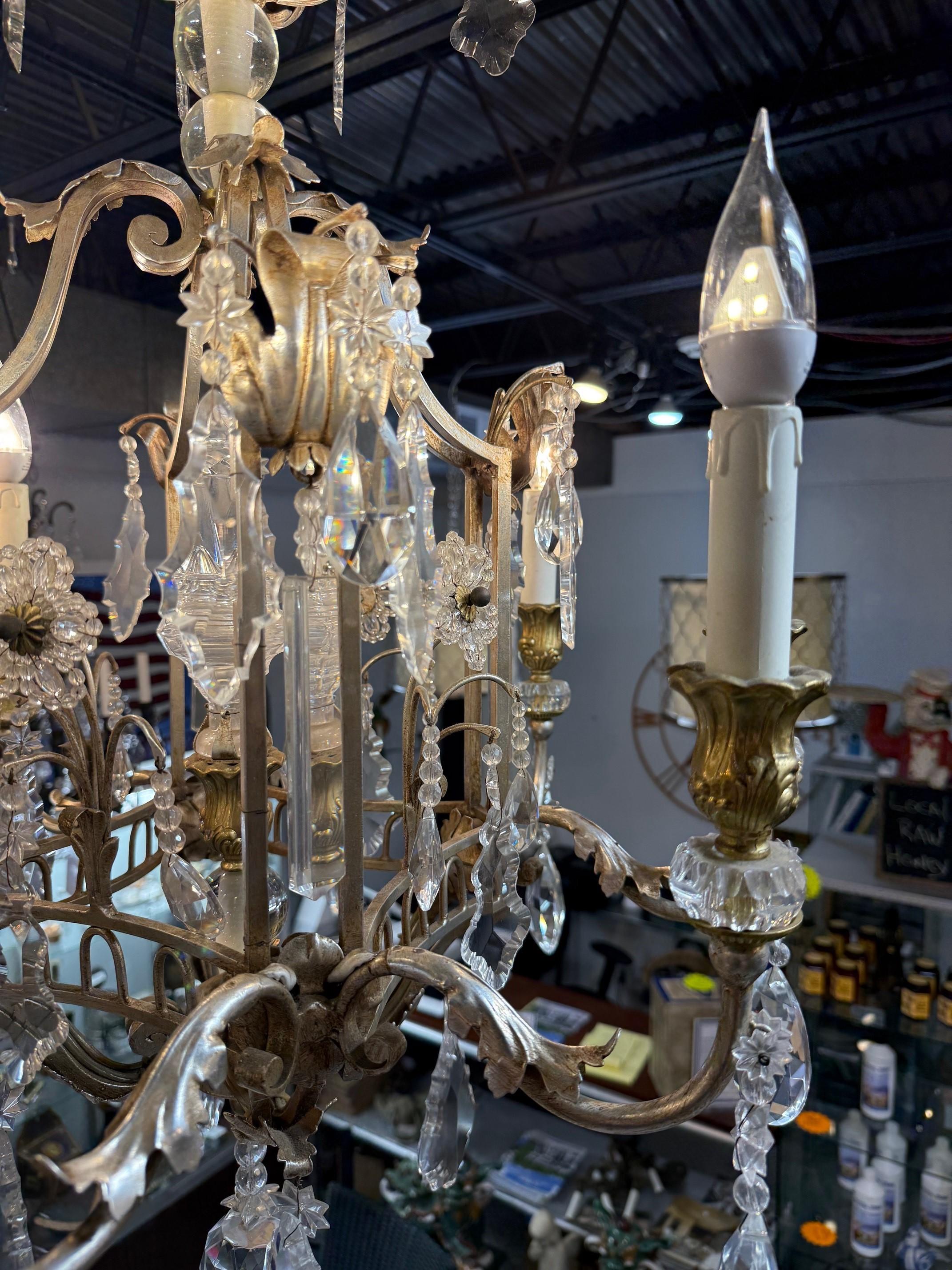 8 Light Iron, Brass & Crystal Chandelier with Antique Nickel Finish In Excellent Condition For Sale In Stamford, CT