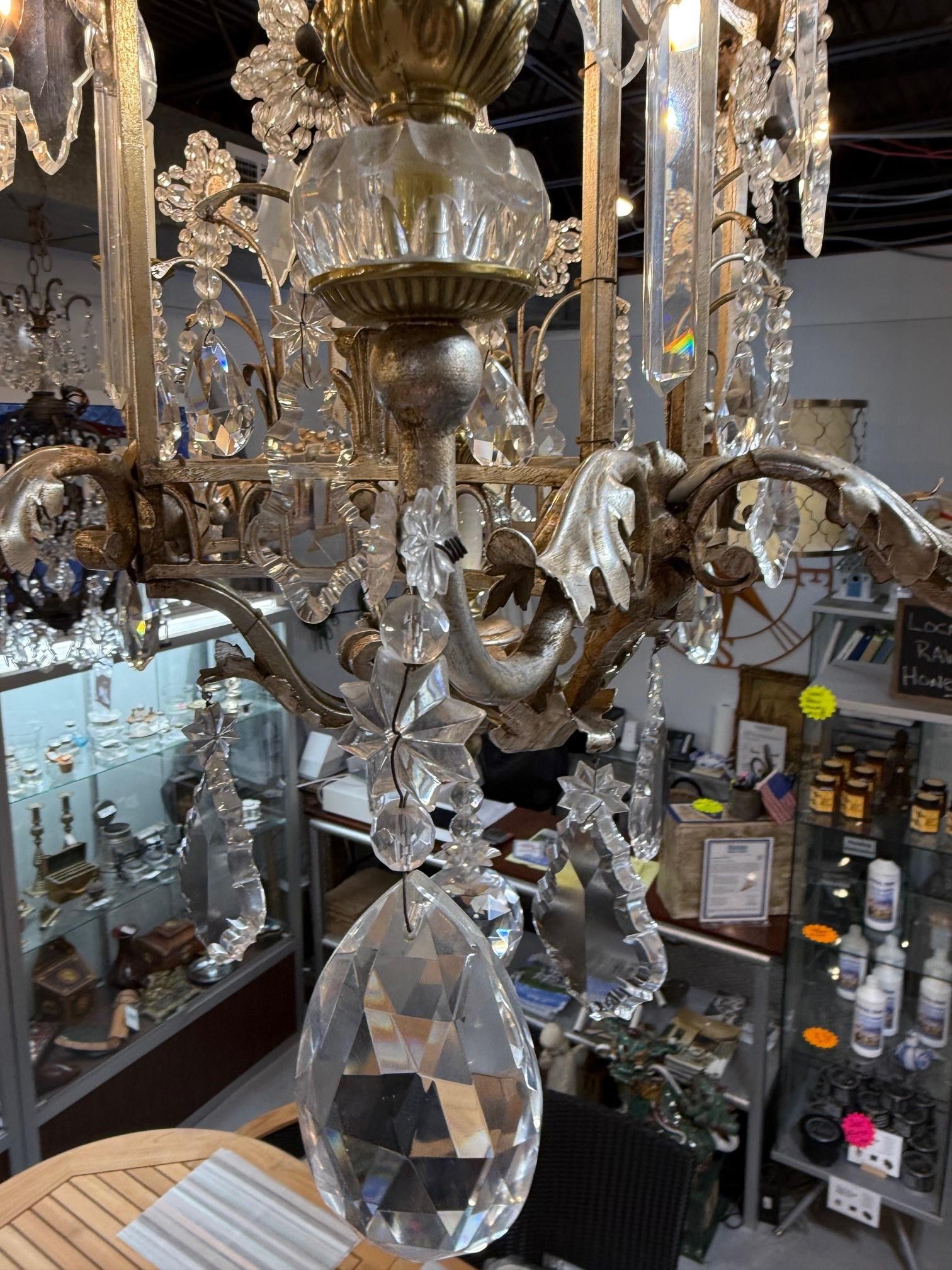Contemporary 8 Light Iron, Brass & Crystal Chandelier with Antique Nickel Finish For Sale