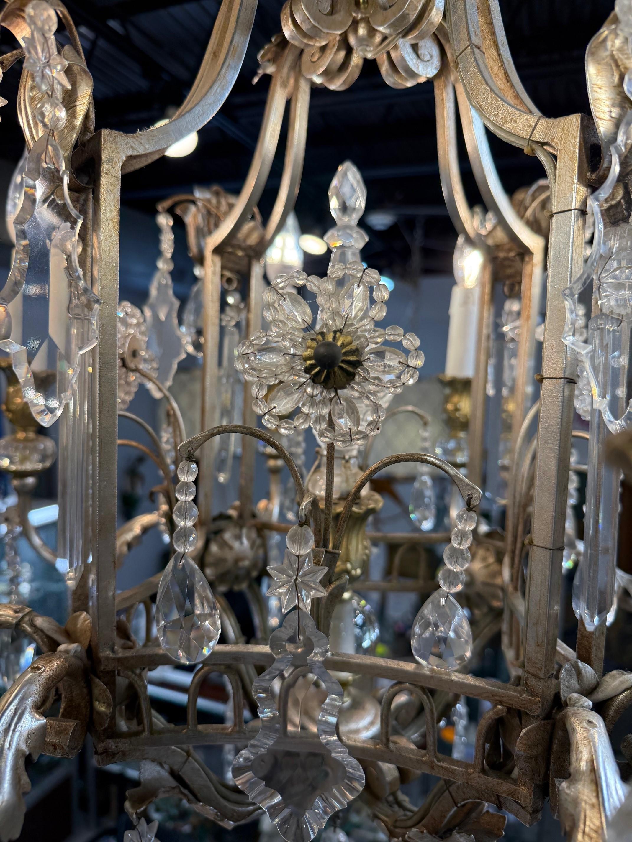 8 Light Iron, Brass & Crystal Chandelier with Antique Nickel Finish For Sale 1